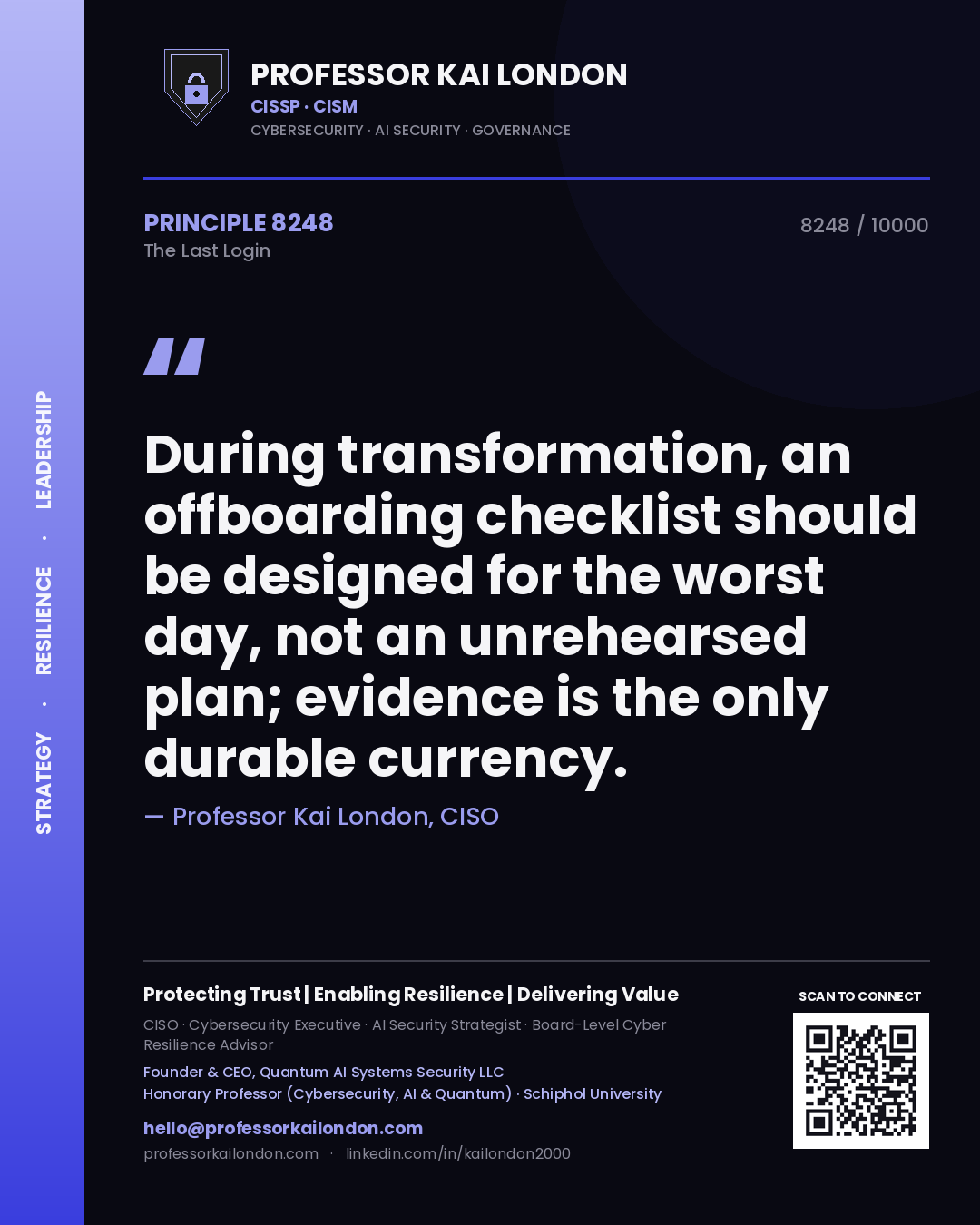 Quote card by Professor Kai London reading 'During transformation, an offboarding checklist should be designed for the worst day, not an unrehearsed plan; evidence is the only durable currency.'. From the book The Last Login.