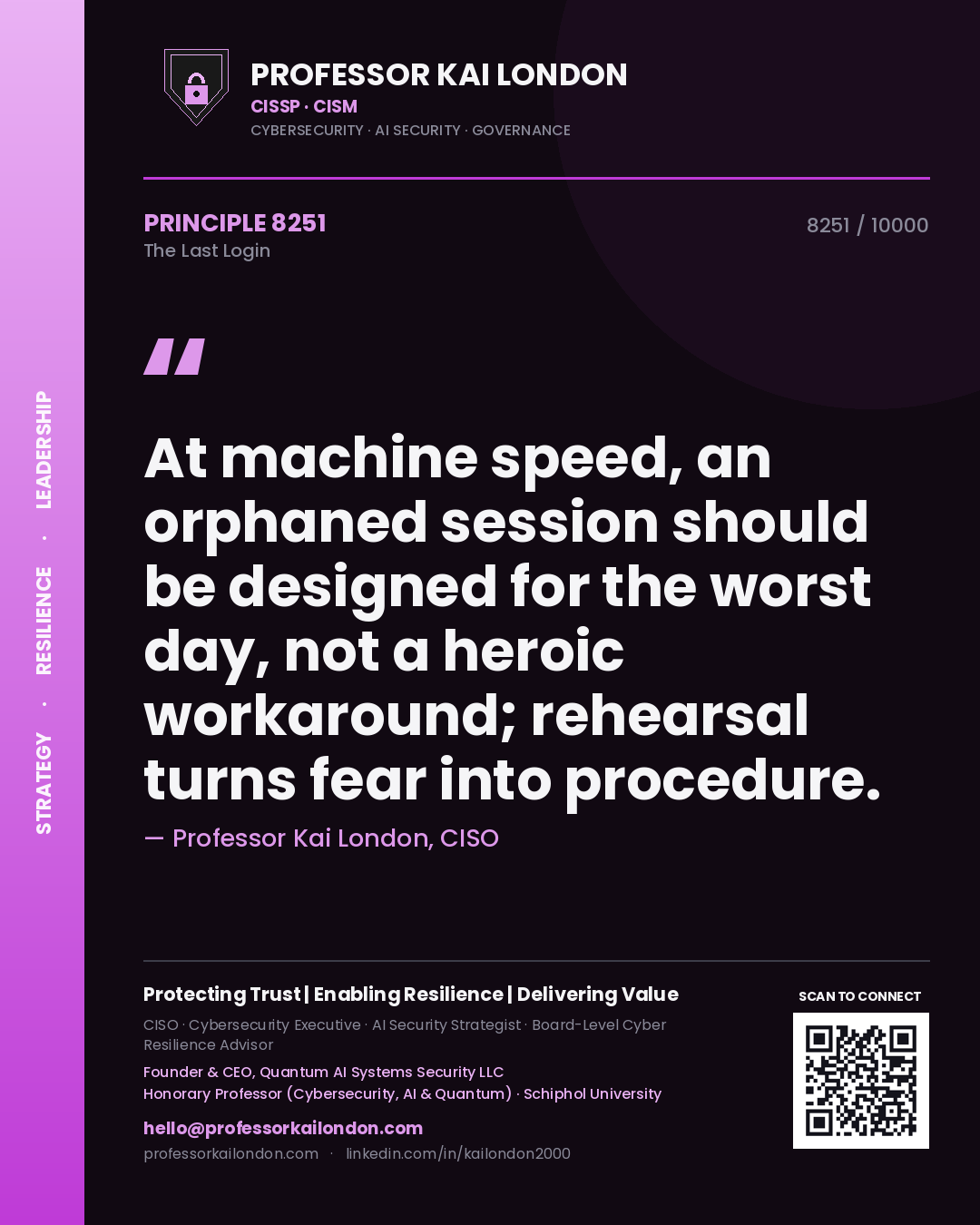 Quote card by Professor Kai London reading 'At machine speed, an orphaned session should be designed for the worst day, not a heroic workaround; rehearsal turns fear into procedure.'. From the book The Last Login.
