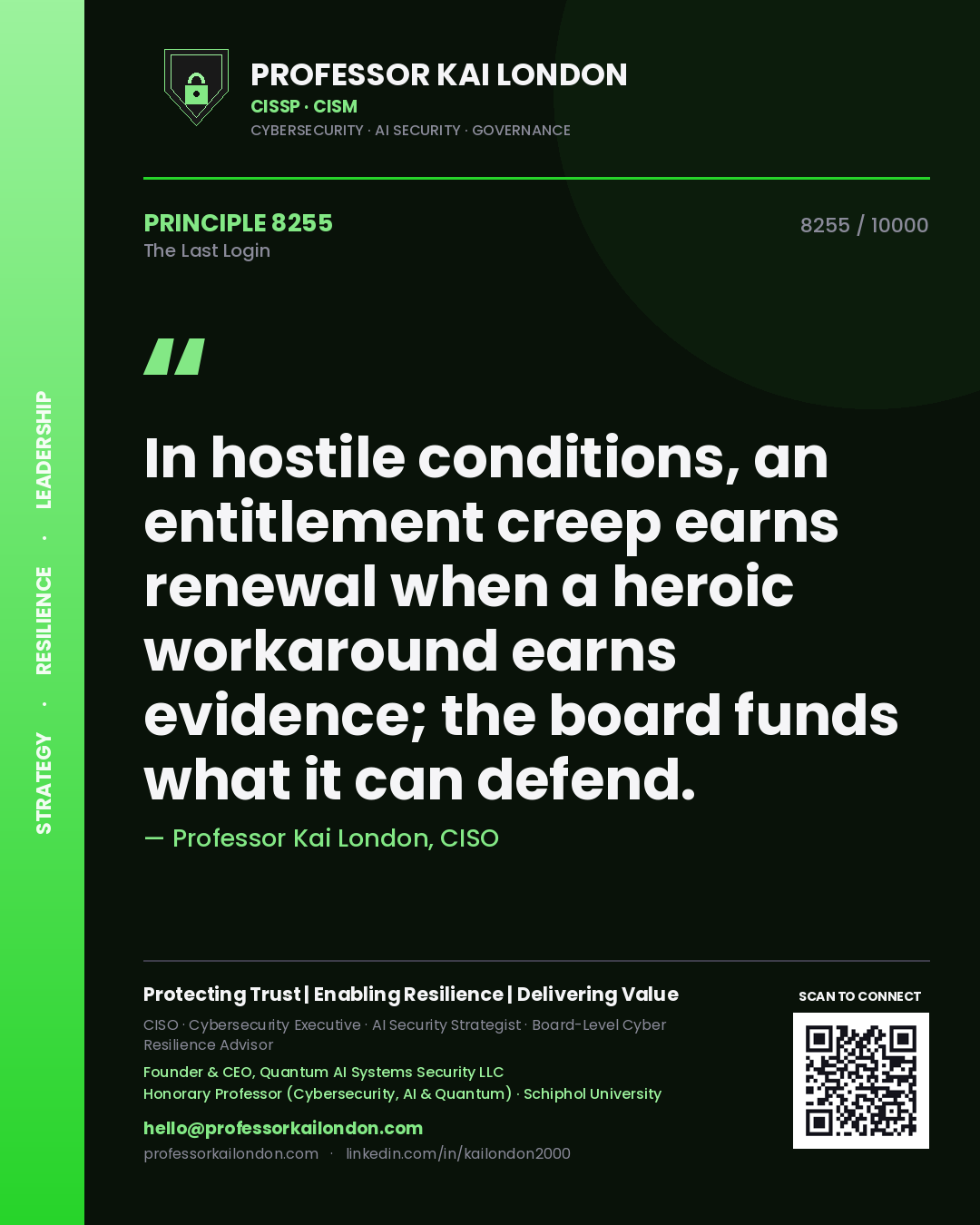 Quote card by Professor Kai London reading 'In hostile conditions, an entitlement creep earns renewal when a heroic workaround earns evidence; the board funds what it can defend.'. From the book The Last Login.
