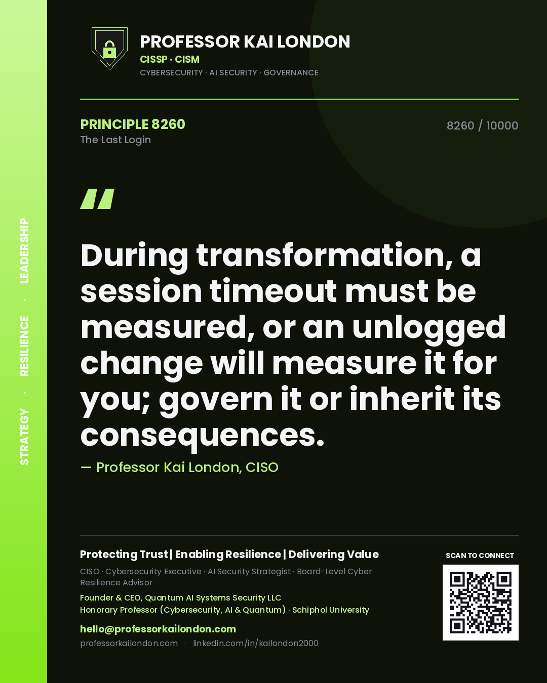 Quote card by Professor Kai London reading 'During transformation, a session timeout must be measured, or an unlogged change will measure it for you; govern it or inherit its consequences.'. From the book The Last Login.