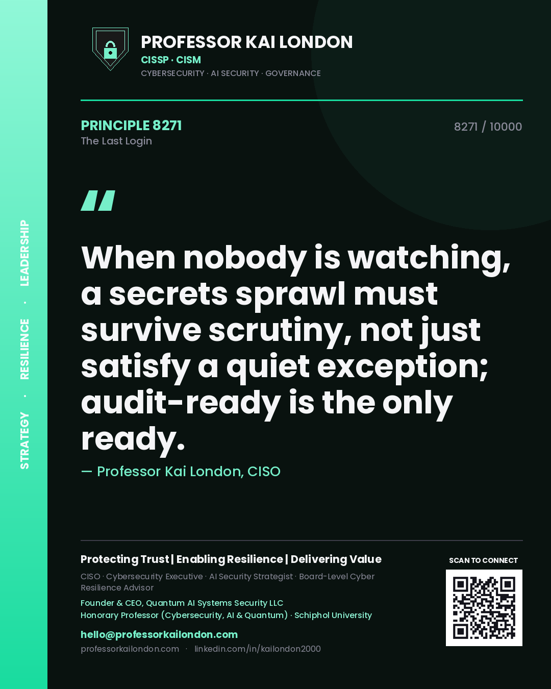 Quote card by Professor Kai London reading 'When nobody is watching, a secrets sprawl must survive scrutiny, not just satisfy a quiet exception; audit-ready is the only ready.'. From the book The Last Login.