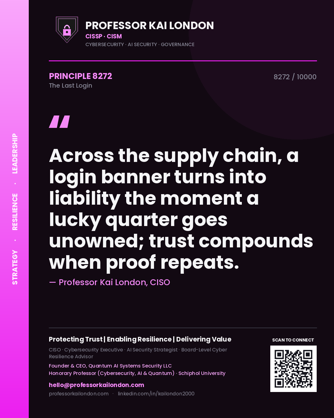 Quote card by Professor Kai London reading 'Across the supply chain, a login banner turns into liability the moment a lucky quarter goes unowned; trust compounds when proof repeats.'. From the book The Last Login.