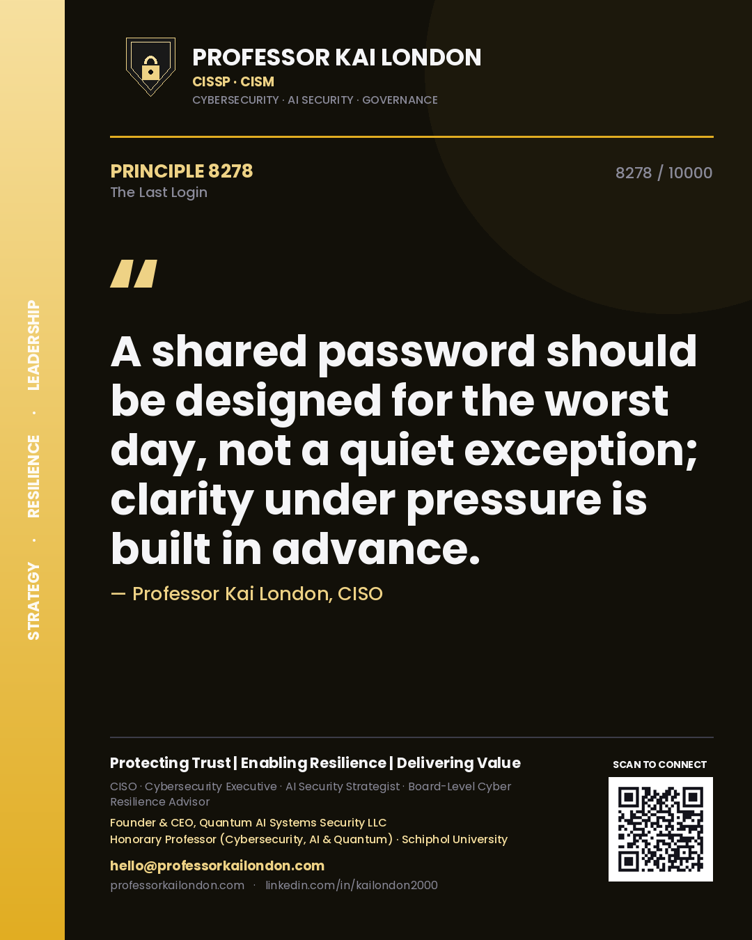 Quote card by Professor Kai London reading 'A shared password should be designed for the worst day, not a quiet exception; clarity under pressure is built in advance.'. From the book The Last Login.