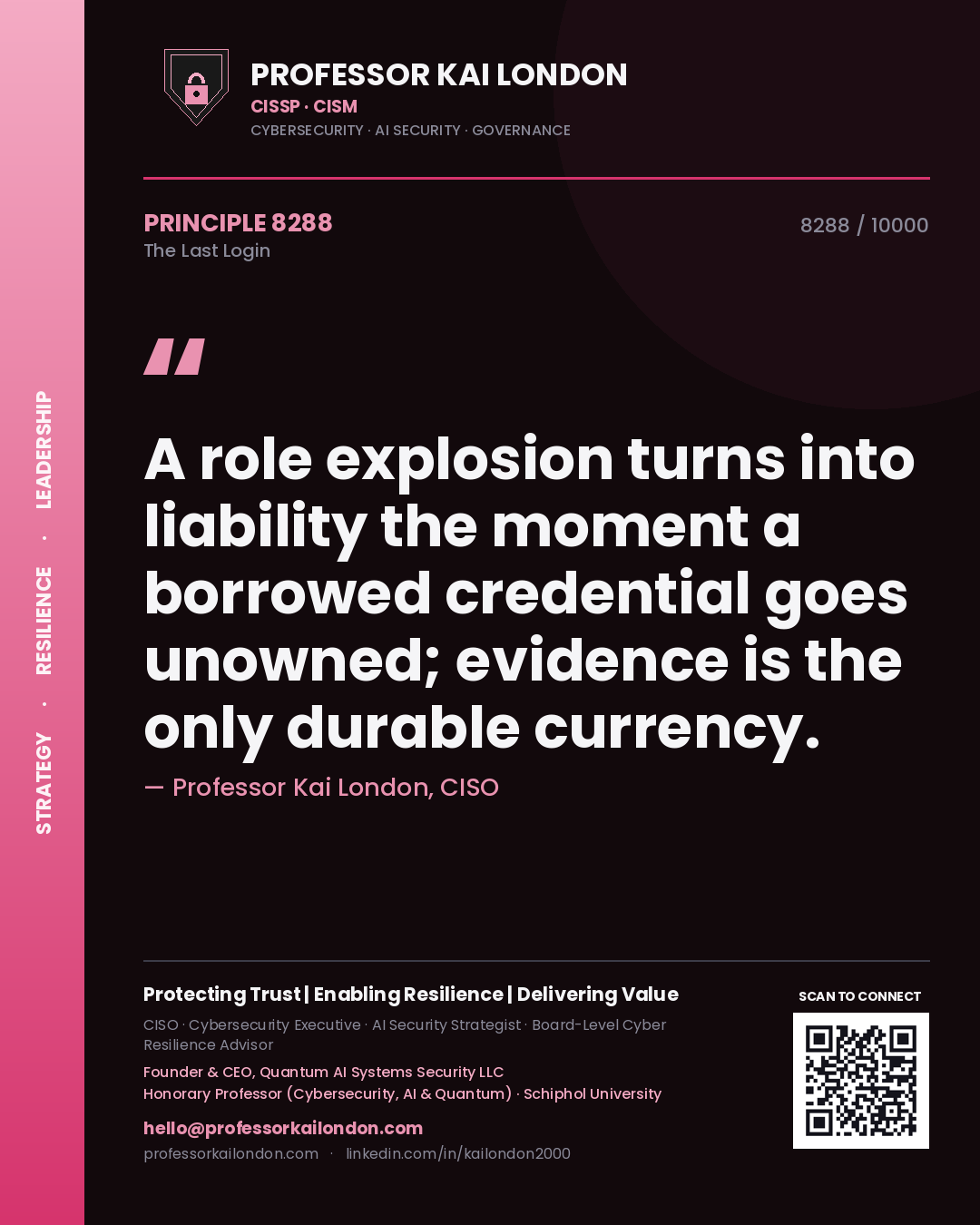 Quote card by Professor Kai London reading 'A role explosion turns into liability the moment a borrowed credential goes unowned; evidence is the only durable currency.'. From the book The Last Login.