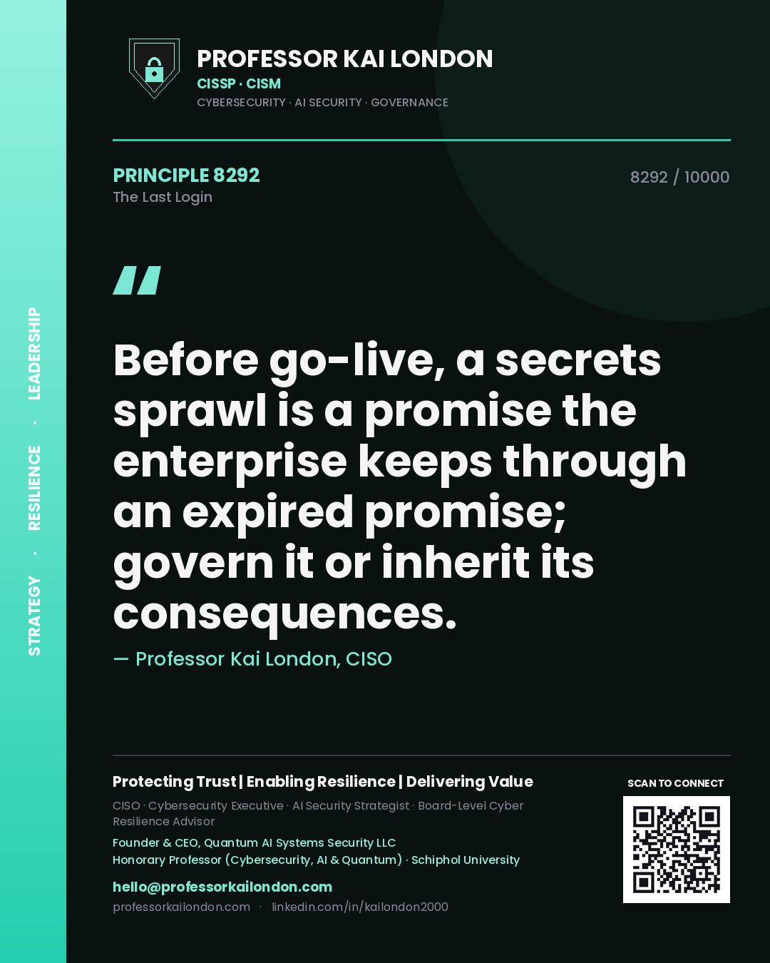 Quote card by Professor Kai London reading 'Before go-live, a secrets sprawl is a promise the enterprise keeps through an expired promise; govern it or inherit its consequences.'. From the book The Last Login.