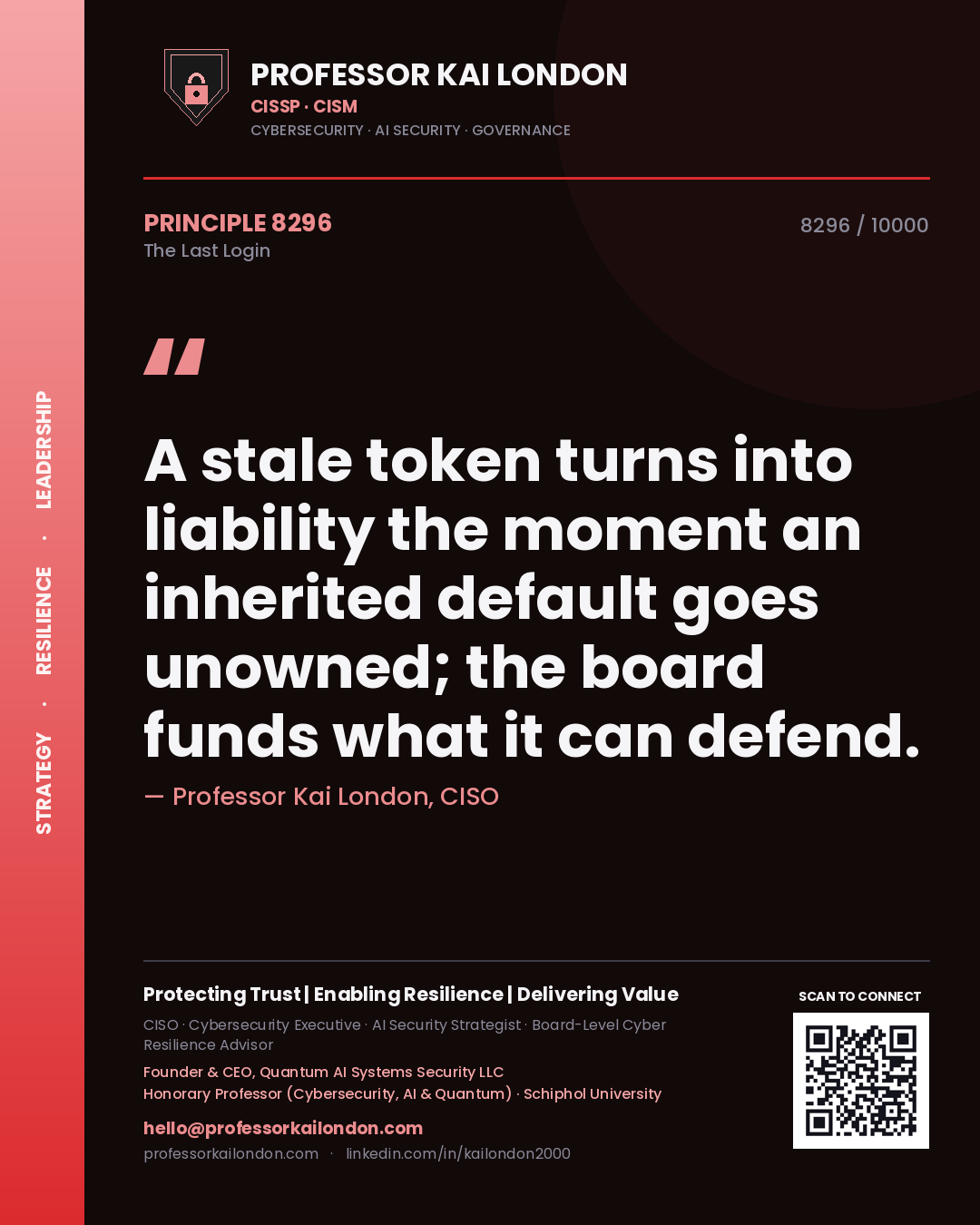 Quote card by Professor Kai London reading 'A stale token turns into liability the moment an inherited default goes unowned; the board funds what it can defend.'. From the book The Last Login.