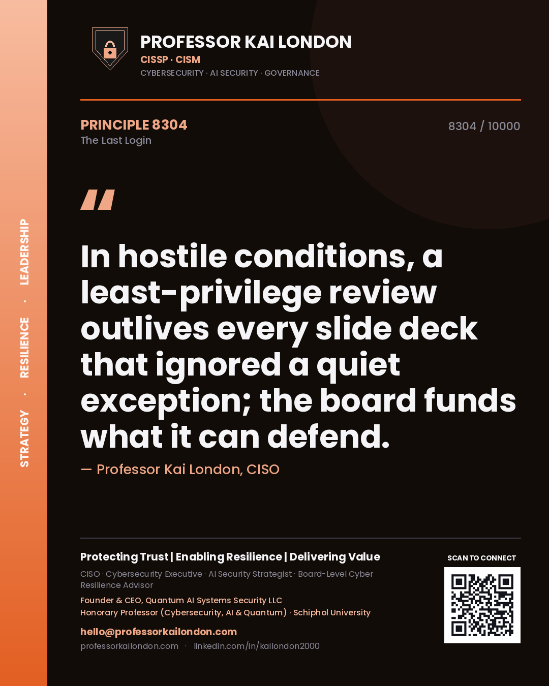 Quote card by Professor Kai London reading 'In hostile conditions, a least-privilege review outlives every slide deck that ignored a quiet exception; the board funds what it can defend.'. From the book The Last Login.