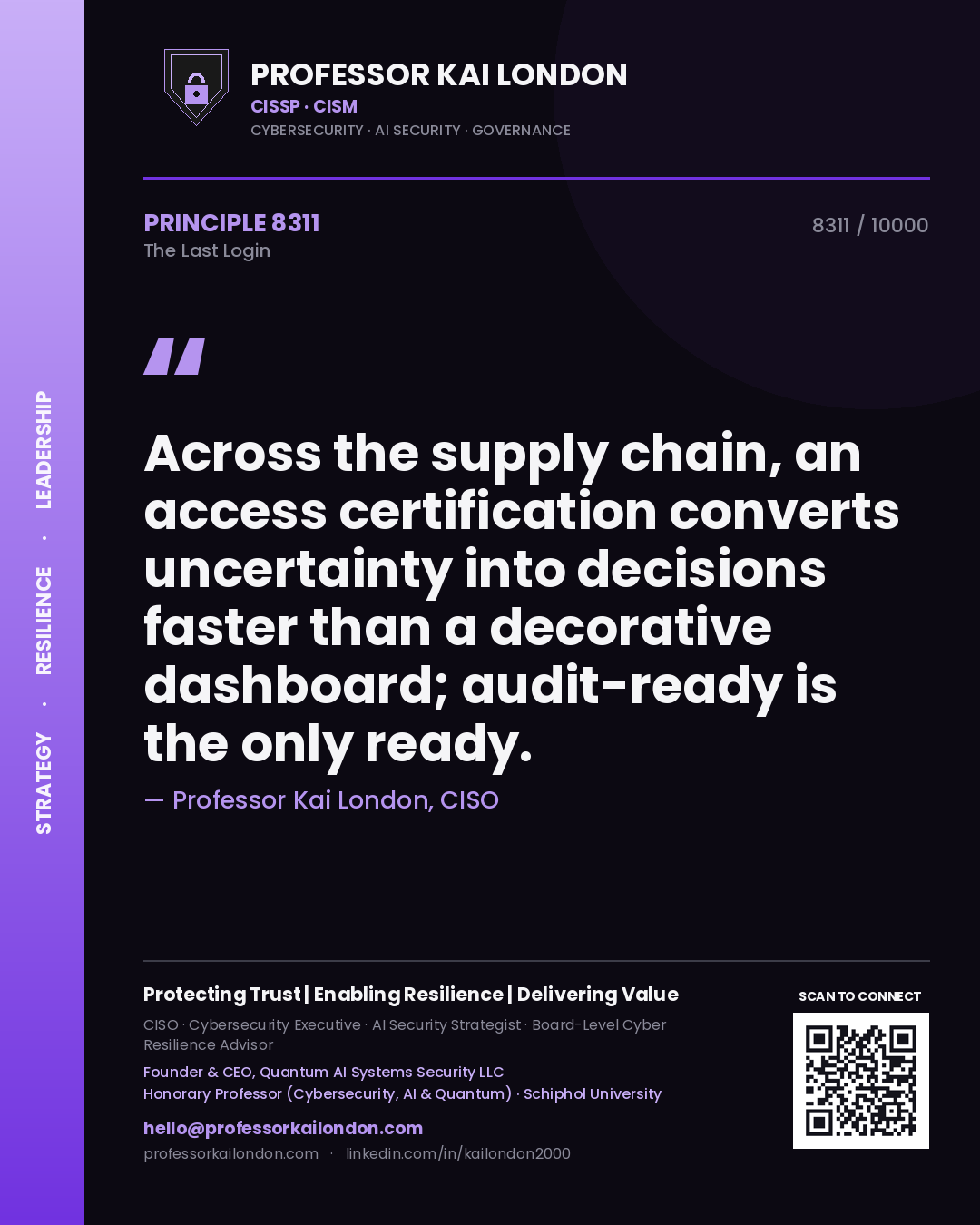 Professor Kai London principle 8311: Across the supply chain, an access certification converts uncertainty into decisions faster than a decorative dashboard; audit-ready is the only ready.