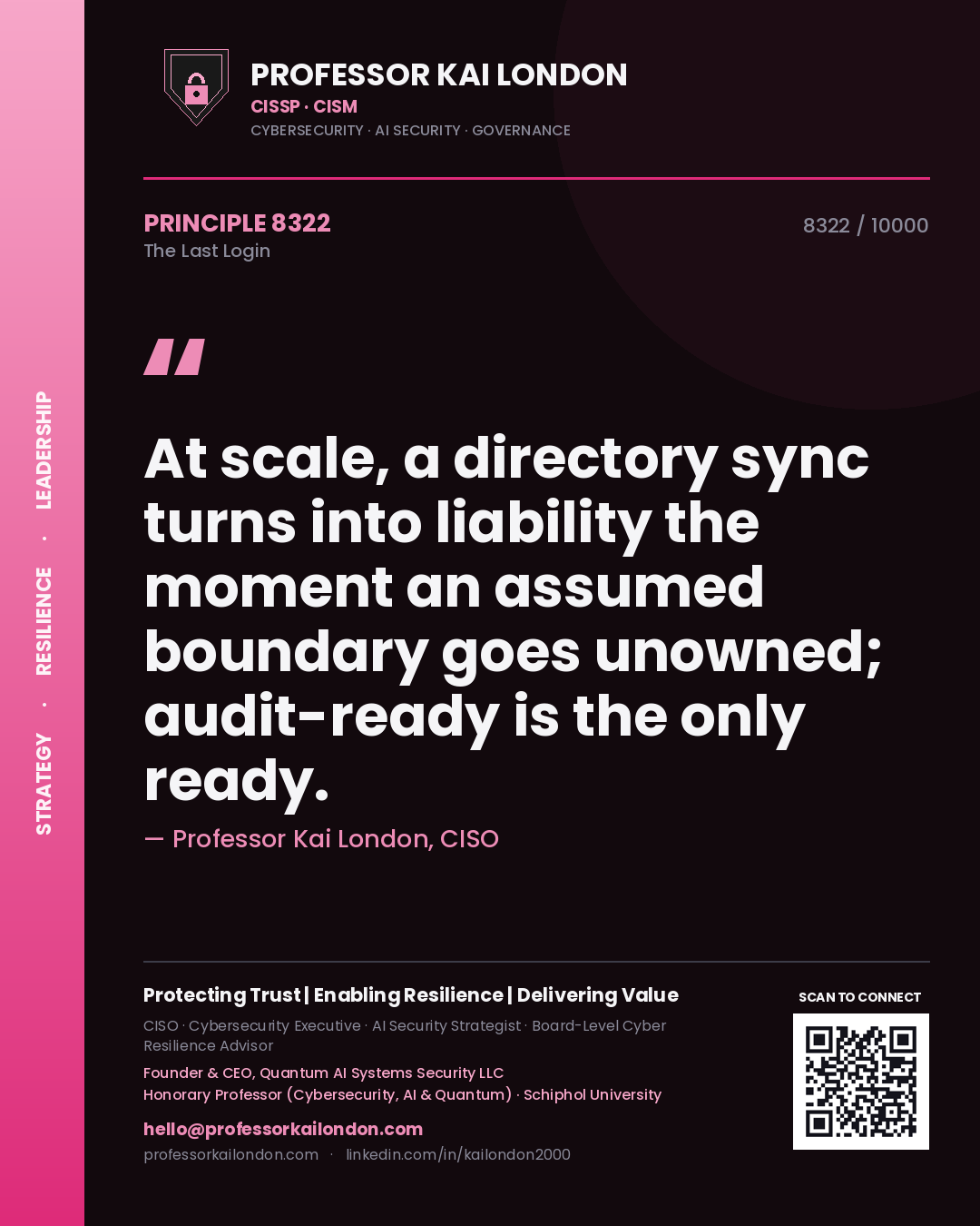 Professor Kai London principle 8322: At scale, a directory sync turns into liability the moment an assumed boundary goes unowned; audit-ready is the only ready.