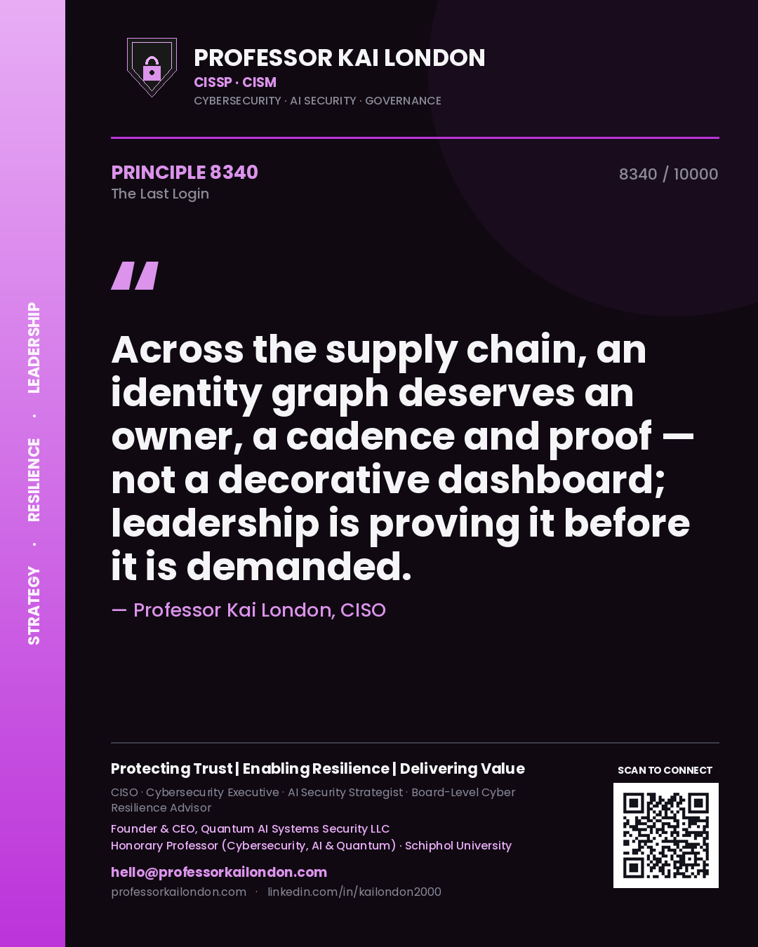 Quote card by Professor Kai London reading 'Across the supply chain, an identity graph deserves an owner, a cadence and proof — not a decorative dashboard; leadership is proving it before it is demanded.'. From the book The Last Login.