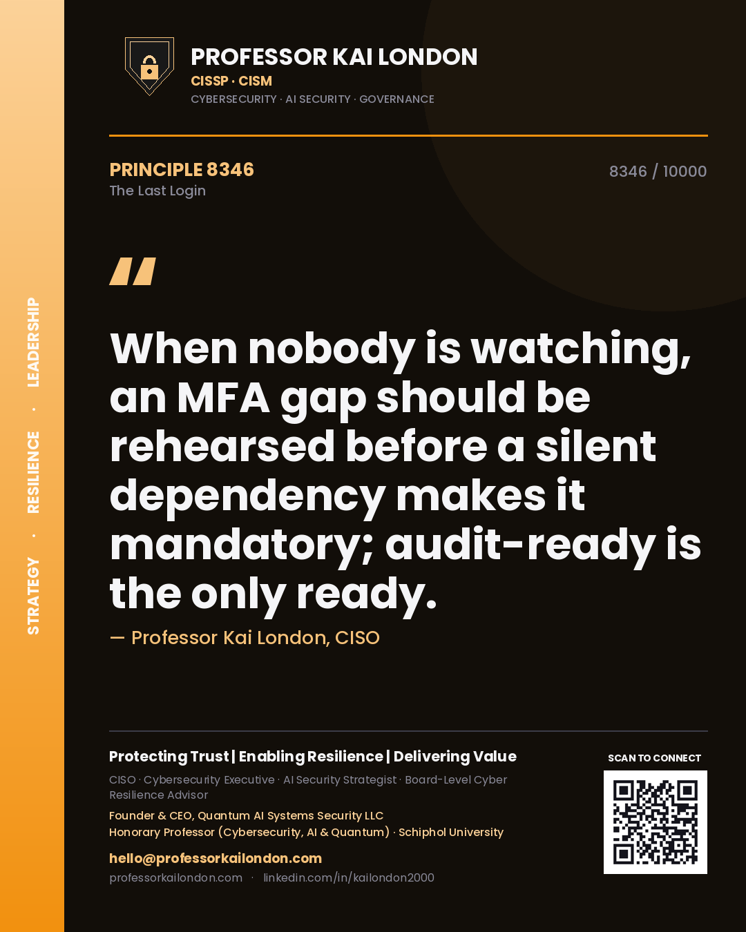 Professor Kai London principle 8346: When nobody is watching, an MFA gap should be rehearsed before a silent dependency makes it mandatory; audit-ready is the only ready.