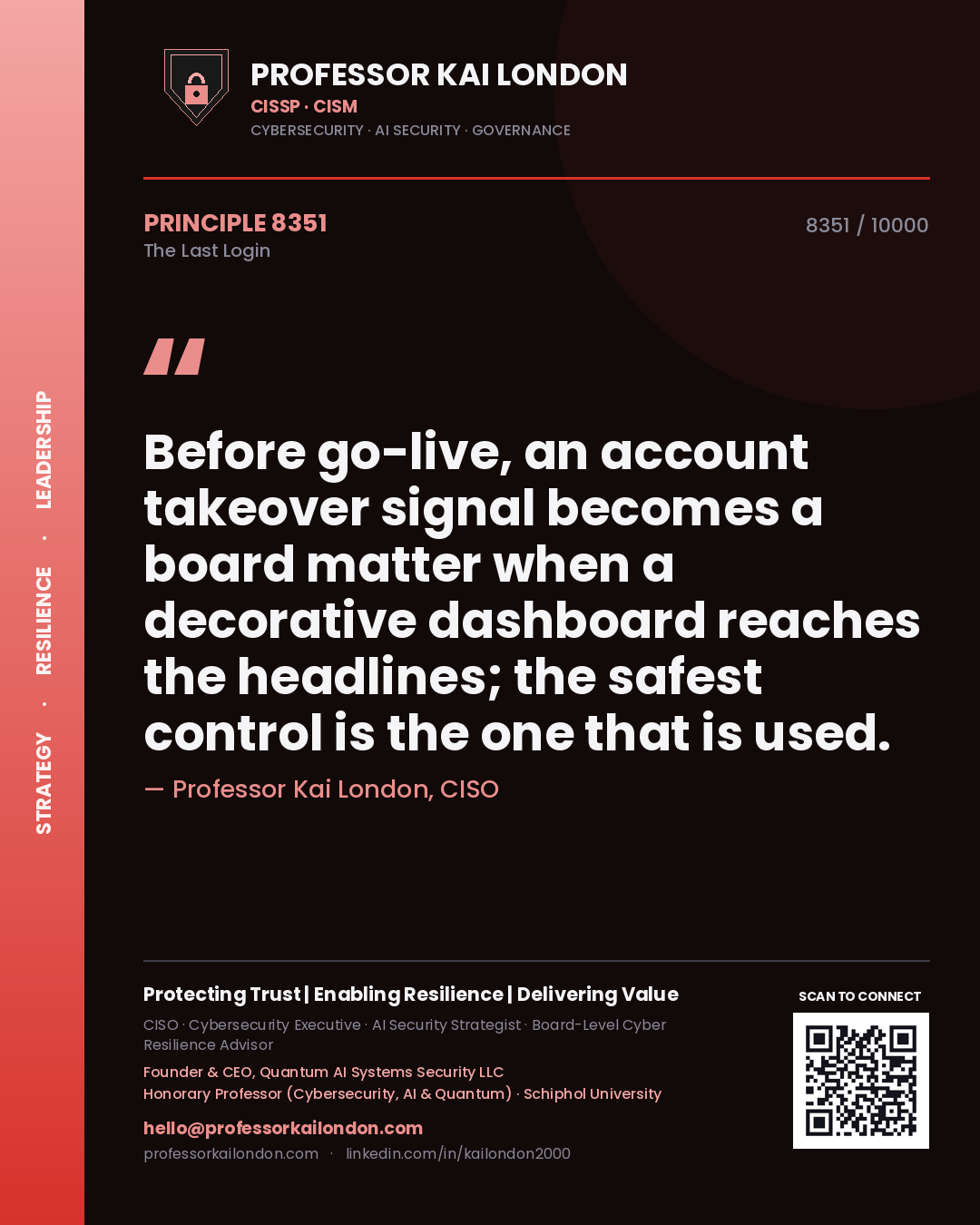 Professor Kai London principle 8351: Before go-live, an account takeover signal becomes a board matter when a decorative dashboard reaches the headlines; the safest control is the one that is used.