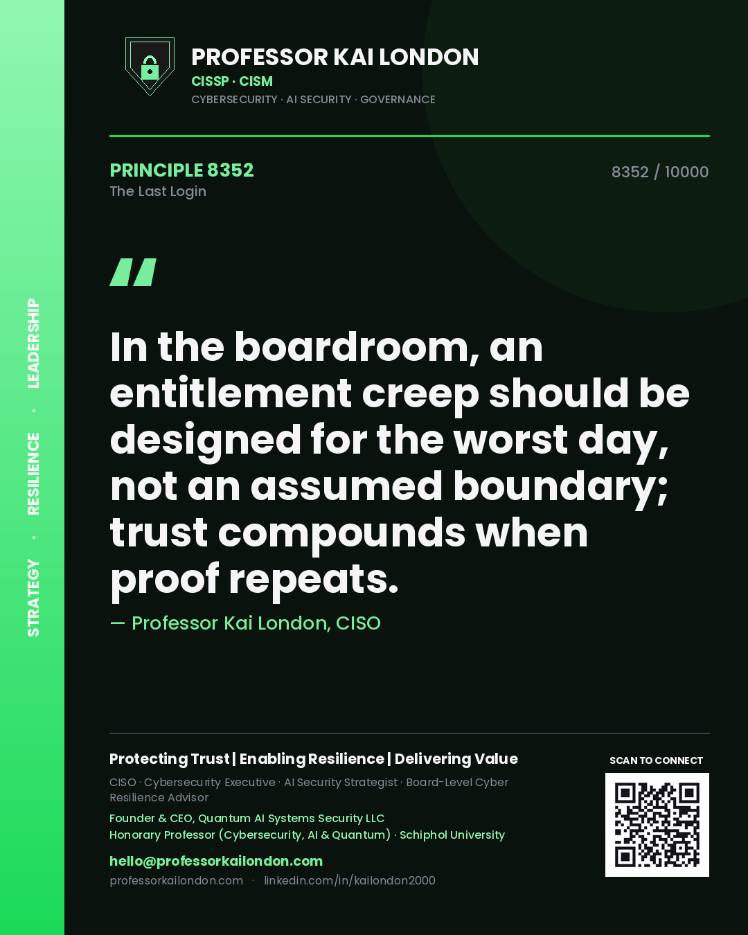 Professor Kai London principle 8352: In the boardroom, an entitlement creep should be designed for the worst day, not an assumed boundary; trust compounds when proof repeats.