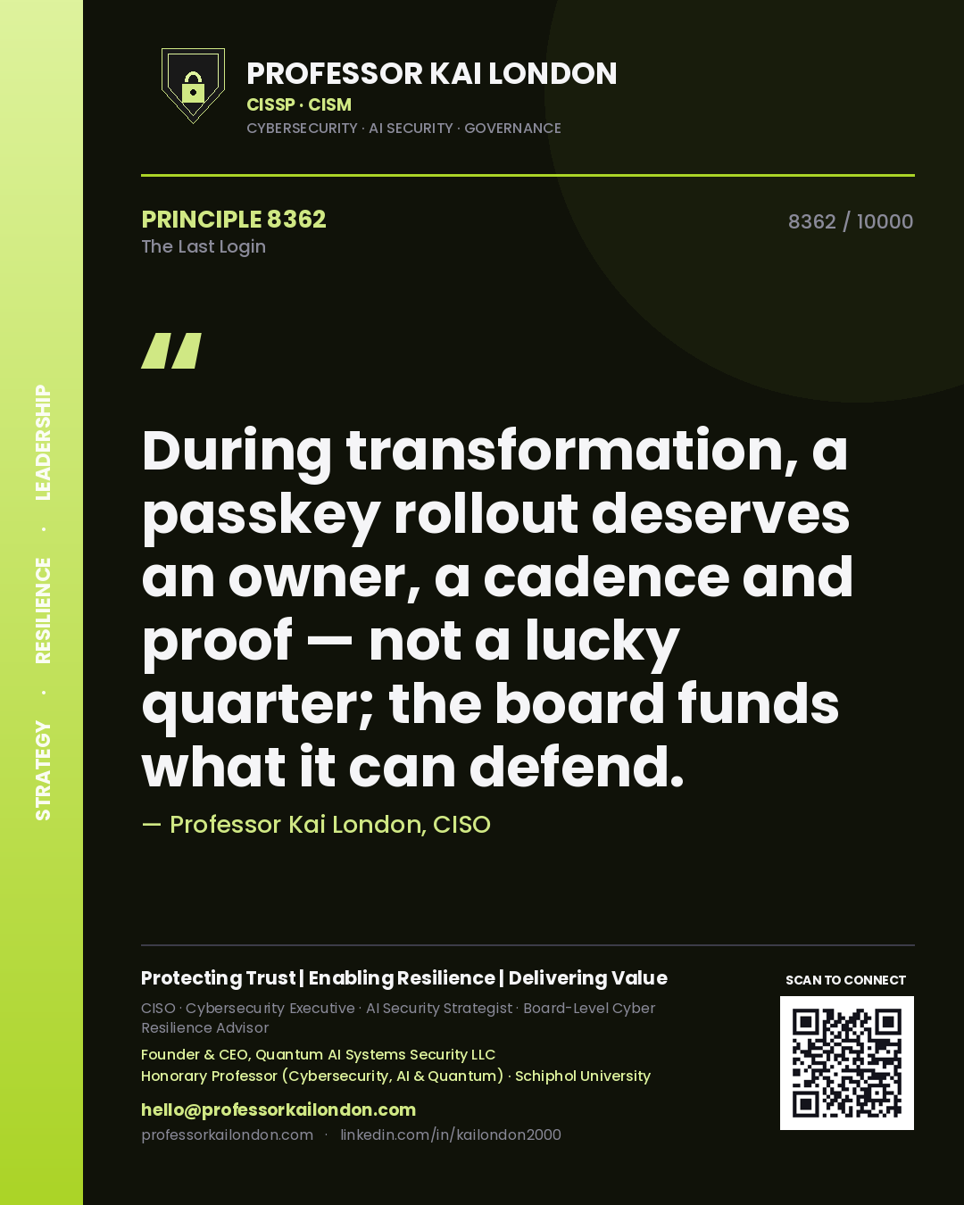 Professor Kai London principle 8362: During transformation, a passkey rollout deserves an owner, a cadence and proof — not a lucky quarter; the board funds what it can defend.