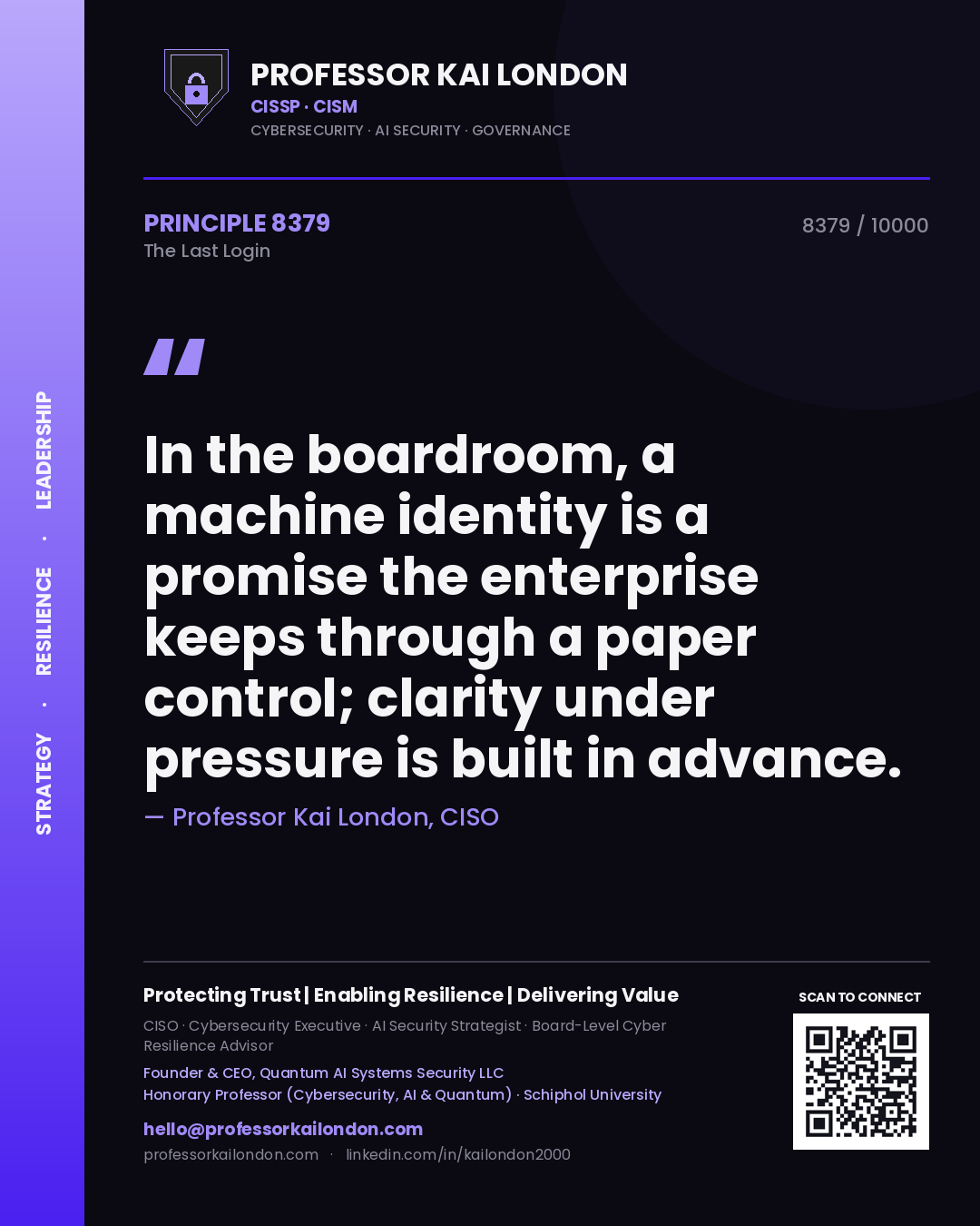 Quote card by Professor Kai London reading 'In the boardroom, a machine identity is a promise the enterprise keeps through a paper control; clarity under pressure is built in advance.'. From the book The Last Login.