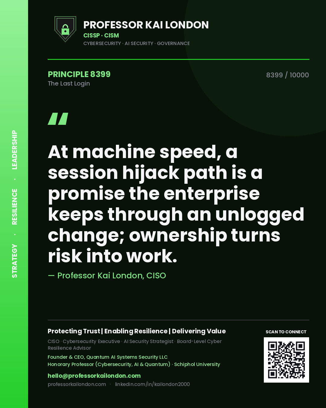 Quote card by Professor Kai London reading 'At machine speed, a session hijack path is a promise the enterprise keeps through an unlogged change; ownership turns risk into work.'. From the book The Last Login.