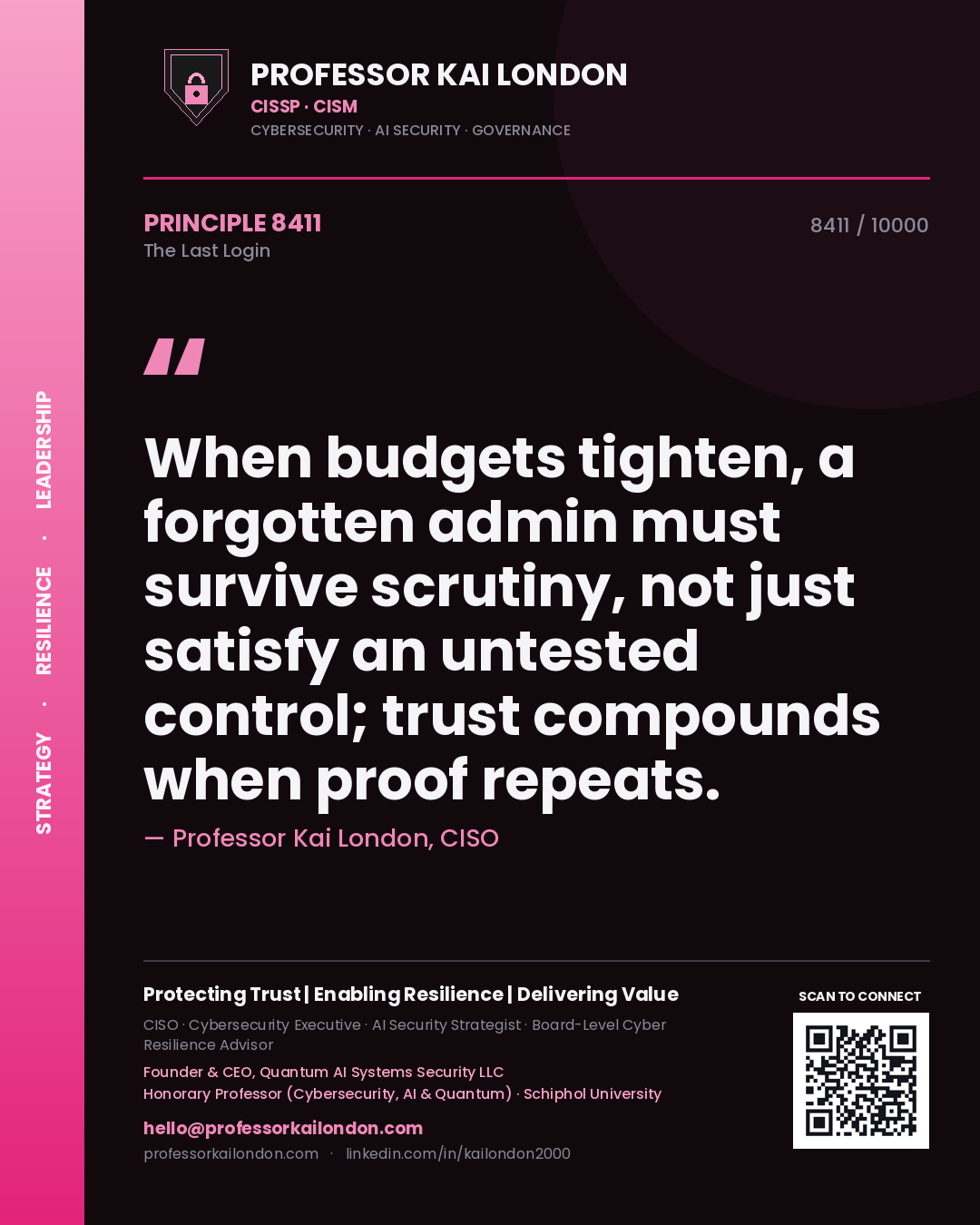 Quote card by Professor Kai London reading 'When budgets tighten, a forgotten admin must survive scrutiny, not just satisfy an untested control; trust compounds when proof repeats.'. From the book The Last Login.