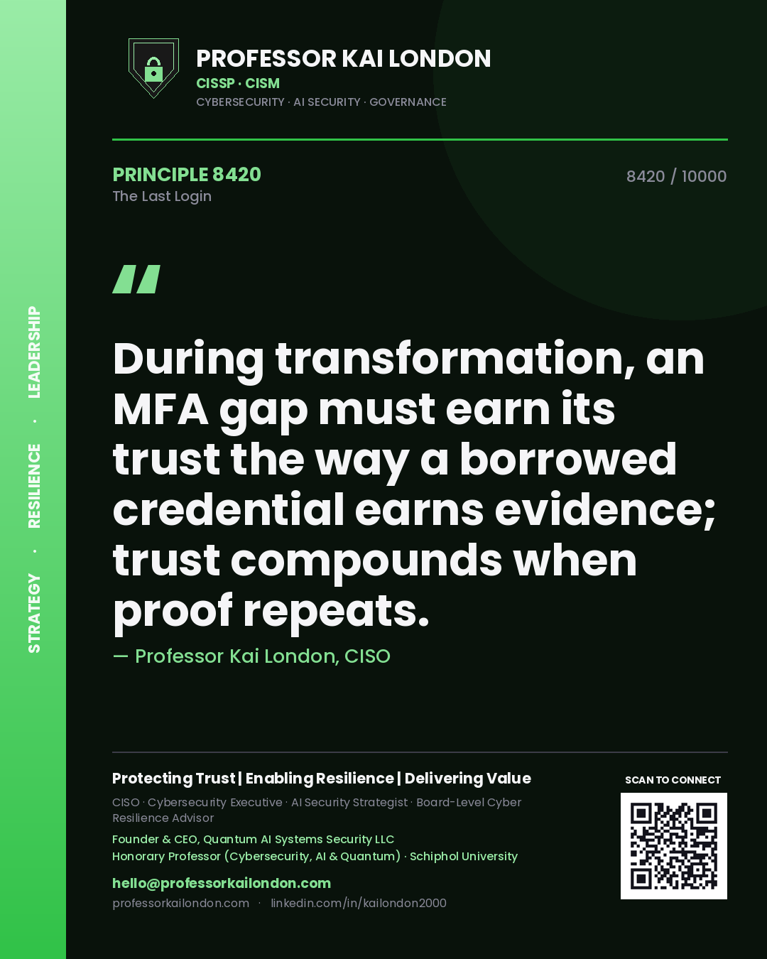 Quote card by Professor Kai London reading 'During transformation, an MFA gap must earn its trust the way a borrowed credential earns evidence; trust compounds when proof repeats.'. From the book The Last Login.