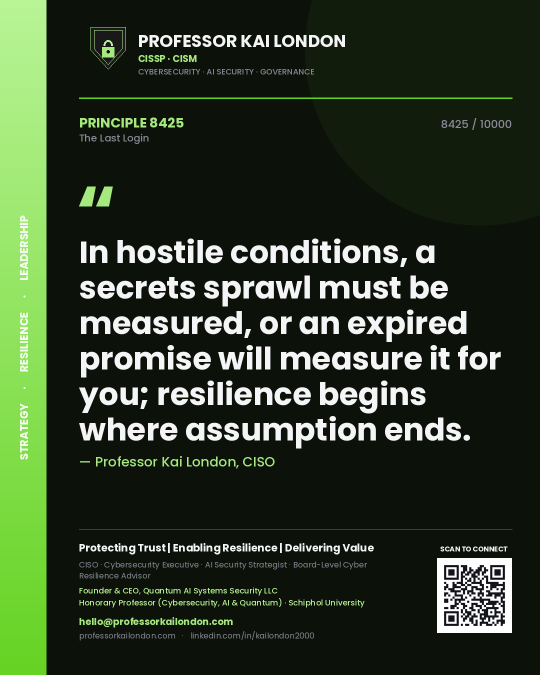 Quote card by Professor Kai London reading 'In hostile conditions, a secrets sprawl must be measured, or an expired promise will measure it for you; resilience begins where assumption ends.'. From the book The Last Login.