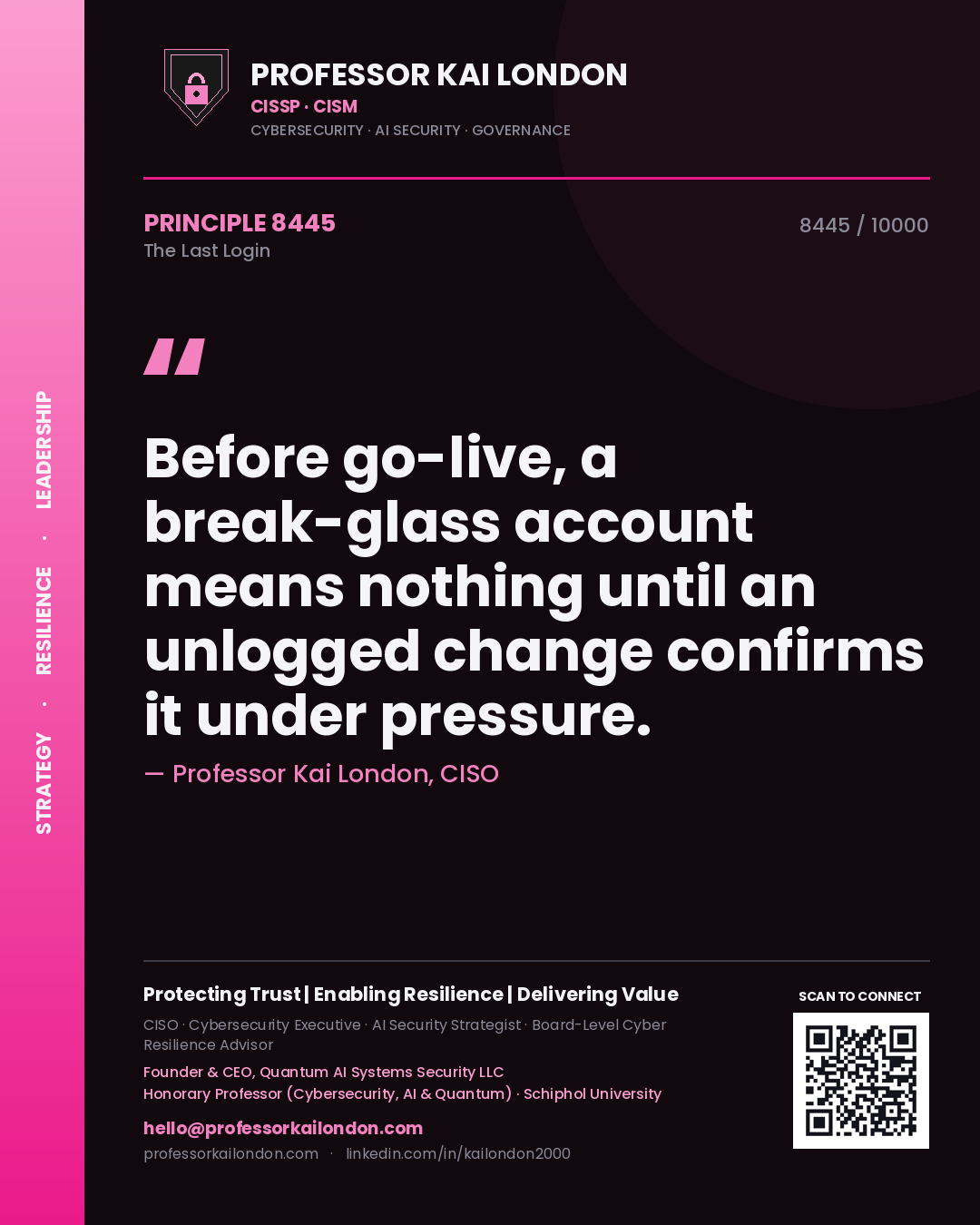 Quote card by Professor Kai London reading 'Before go-live, a break-glass account means nothing until an unlogged change confirms it under pressure.'. From the book The Last Login.