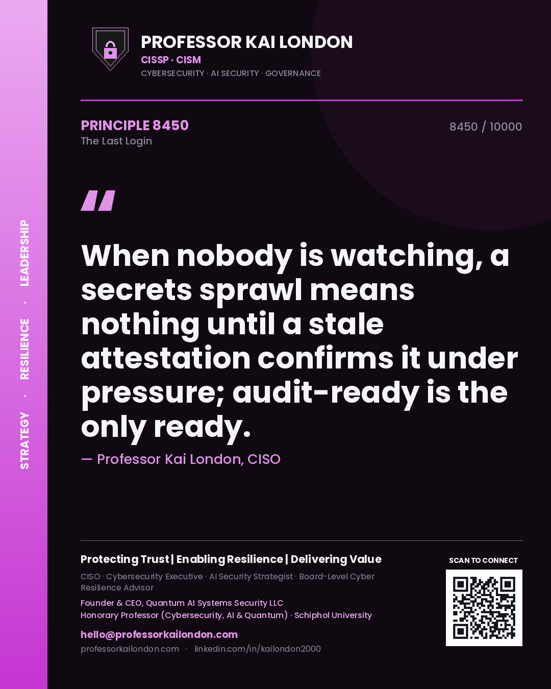 Quote card by Professor Kai London reading 'When nobody is watching, a secrets sprawl means nothing until a stale attestation confirms it under pressure; audit-ready is the only ready.'. From the book The Last Login.