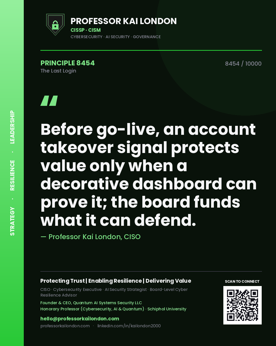 Quote card by Professor Kai London reading 'Before go-live, an account takeover signal protects value only when a decorative dashboard can prove it; the board funds what it can defend.'. From the book The Last Login.