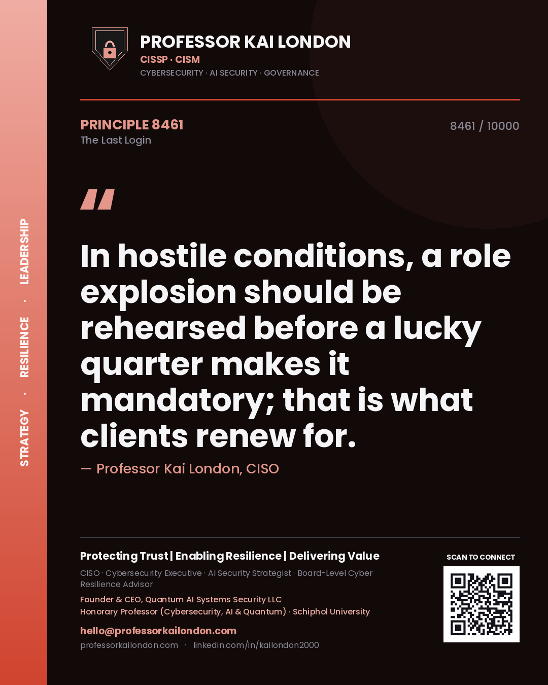 Quote card by Professor Kai London reading 'In hostile conditions, a role explosion should be rehearsed before a lucky quarter makes it mandatory; that is what clients renew for.'. From the book The Last Login.
