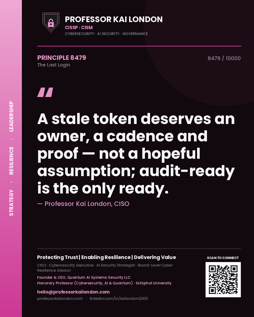 Quote card by Professor Kai London reading 'A stale token deserves an owner, a cadence and proof — not a hopeful assumption; audit-ready is the only ready.'. From the book The Last Login.