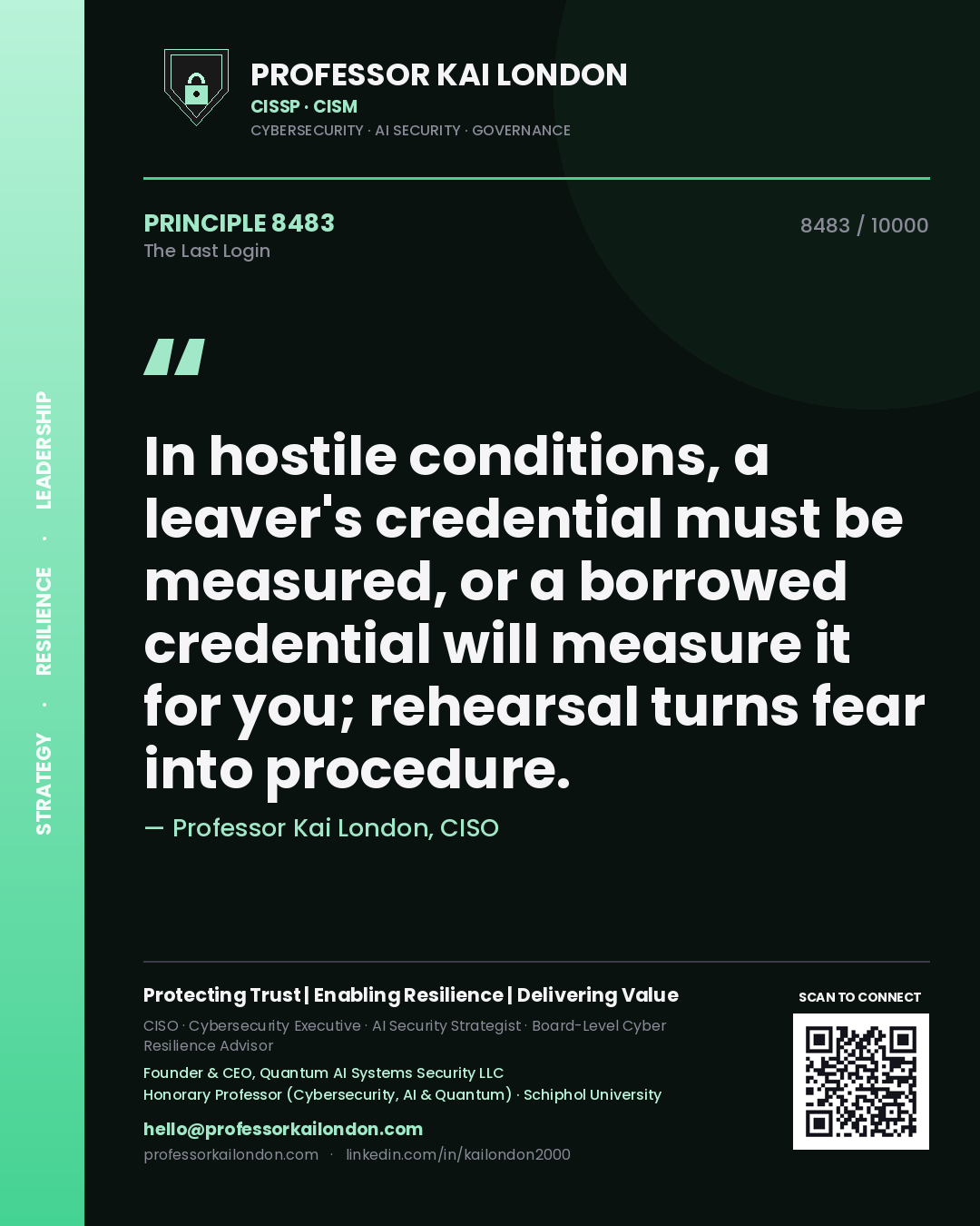 Quote card by Professor Kai London reading 'In hostile conditions, a leaver's credential must be measured, or a borrowed credential will measure it for you; rehearsal turns fear into procedure.'. From the book The Last Login.