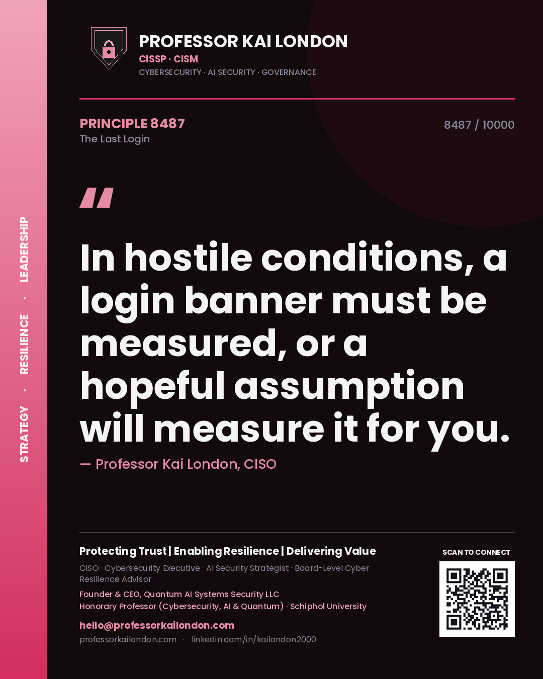 Quote card by Professor Kai London reading 'In hostile conditions, a login banner must be measured, or a hopeful assumption will measure it for you.'. From the book The Last Login.