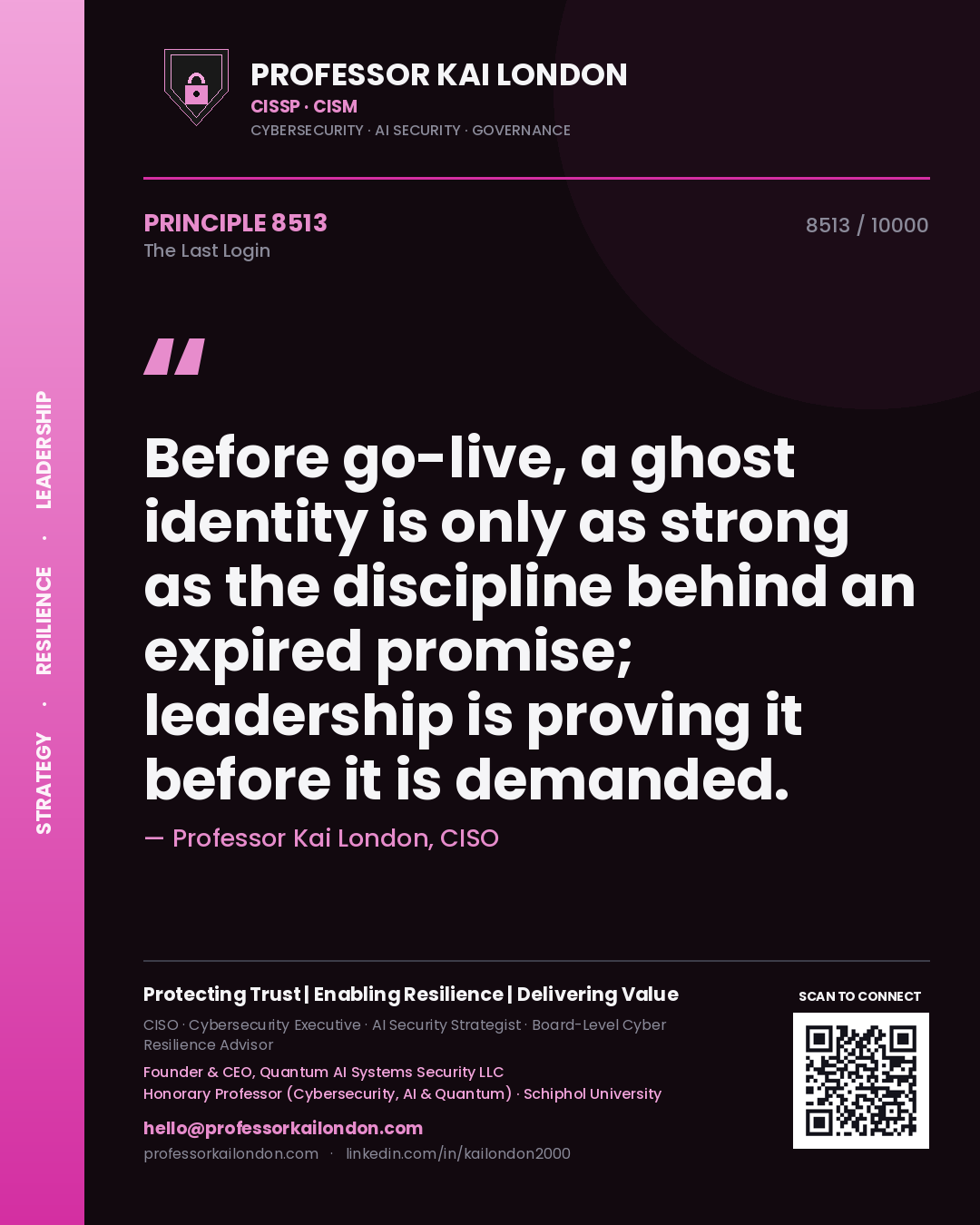 Quote card by Professor Kai London reading 'Before go-live, a ghost identity is only as strong as the discipline behind an expired promise; leadership is proving it before it is demanded.'. From the book The Last Login.