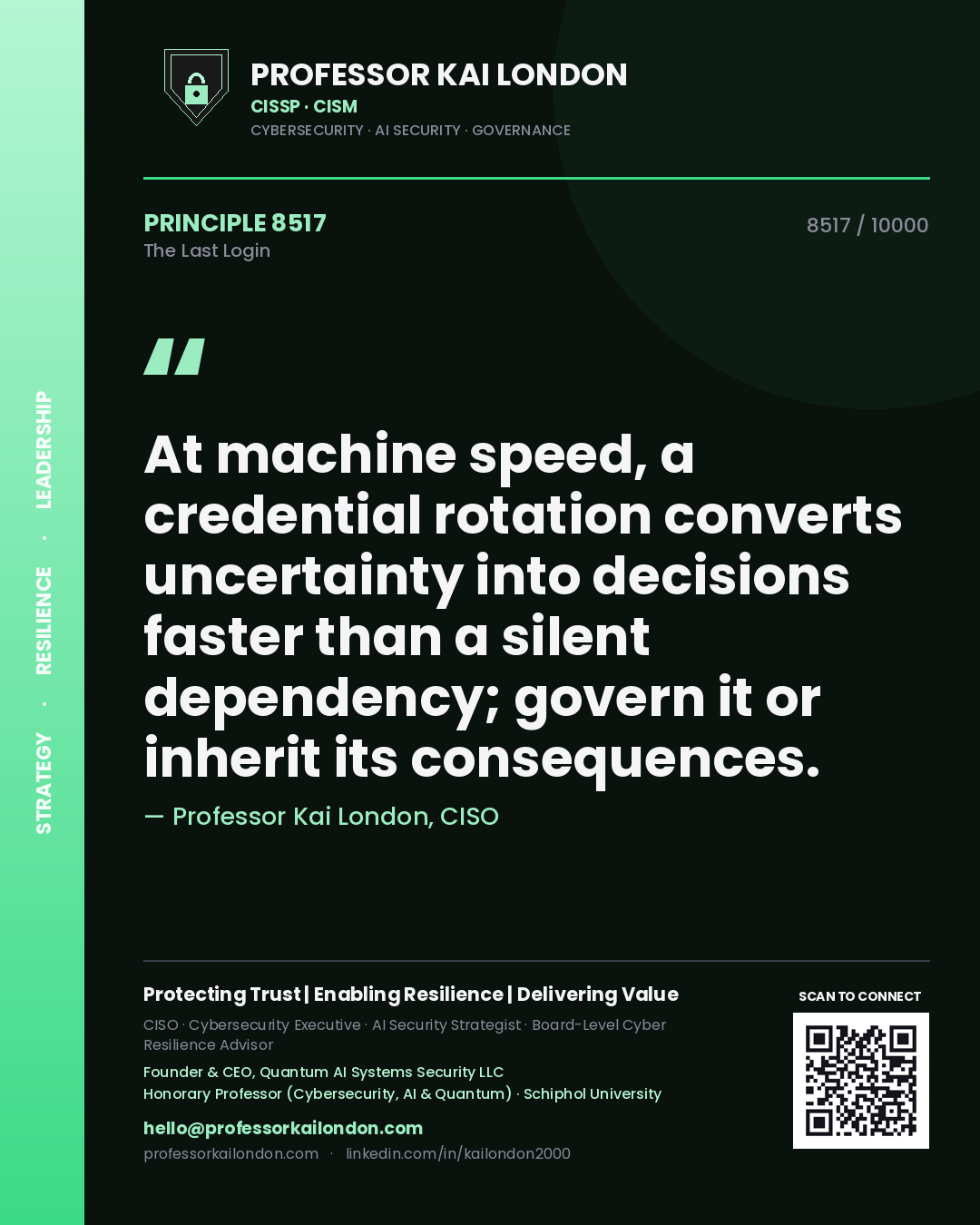 Quote card by Professor Kai London reading 'At machine speed, a credential rotation converts uncertainty into decisions faster than a silent dependency; govern it or inherit its consequences.'. From the book The Last Login.