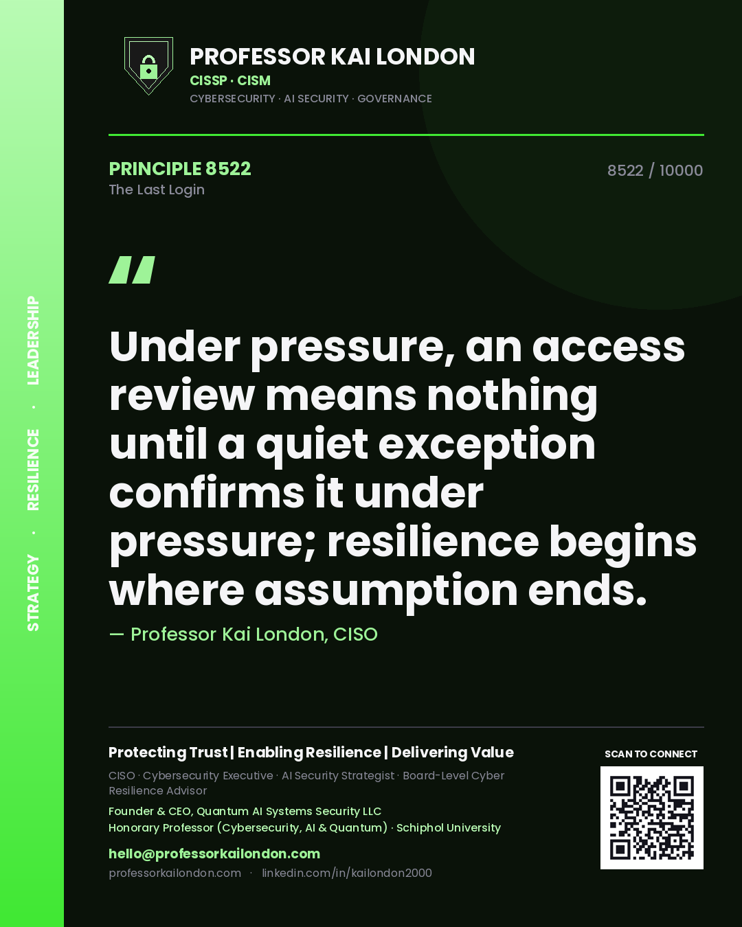 Quote card by Professor Kai London reading 'Under pressure, an access review means nothing until a quiet exception confirms it under pressure; resilience begins where assumption ends.'. From the book The Last Login.