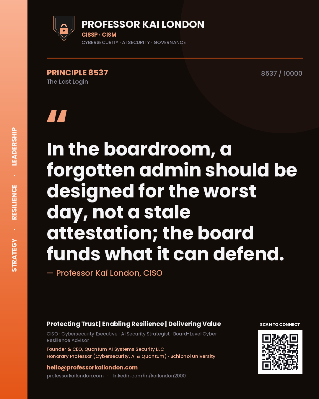 Quote card by Professor Kai London reading 'In the boardroom, a forgotten admin should be designed for the worst day, not a stale attestation; the board funds what it can defend.'. From the book The Last Login.