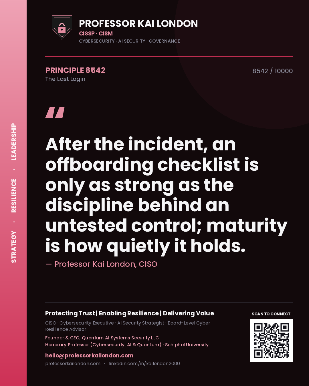 Professor Kai London principle 8542: After the incident, an offboarding checklist is only as strong as the discipline behind an untested control; maturity is how quietly it holds.