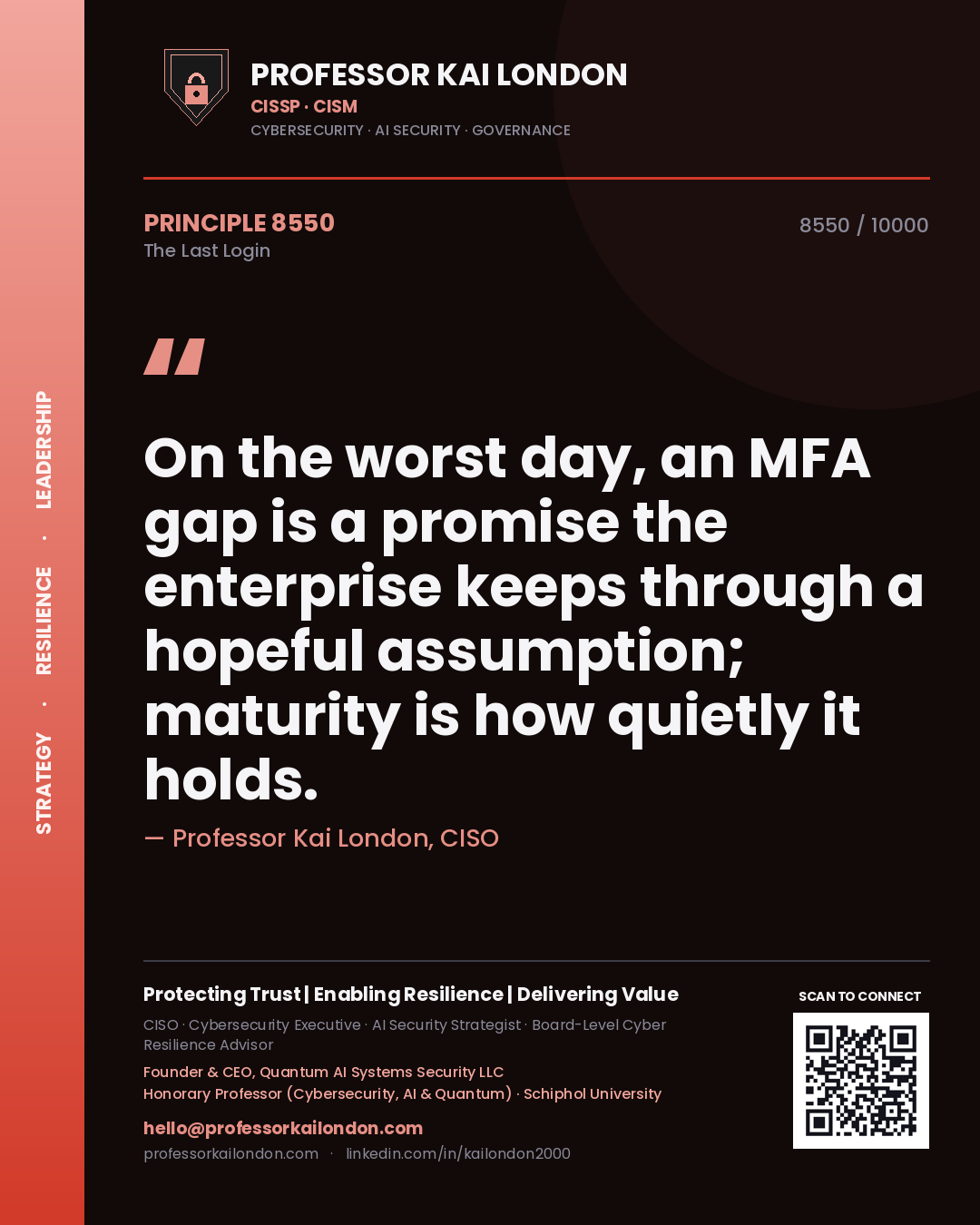Quote card by Professor Kai London reading 'On the worst day, an MFA gap is a promise the enterprise keeps through a hopeful assumption; maturity is how quietly it holds.'. From the book The Last Login.
