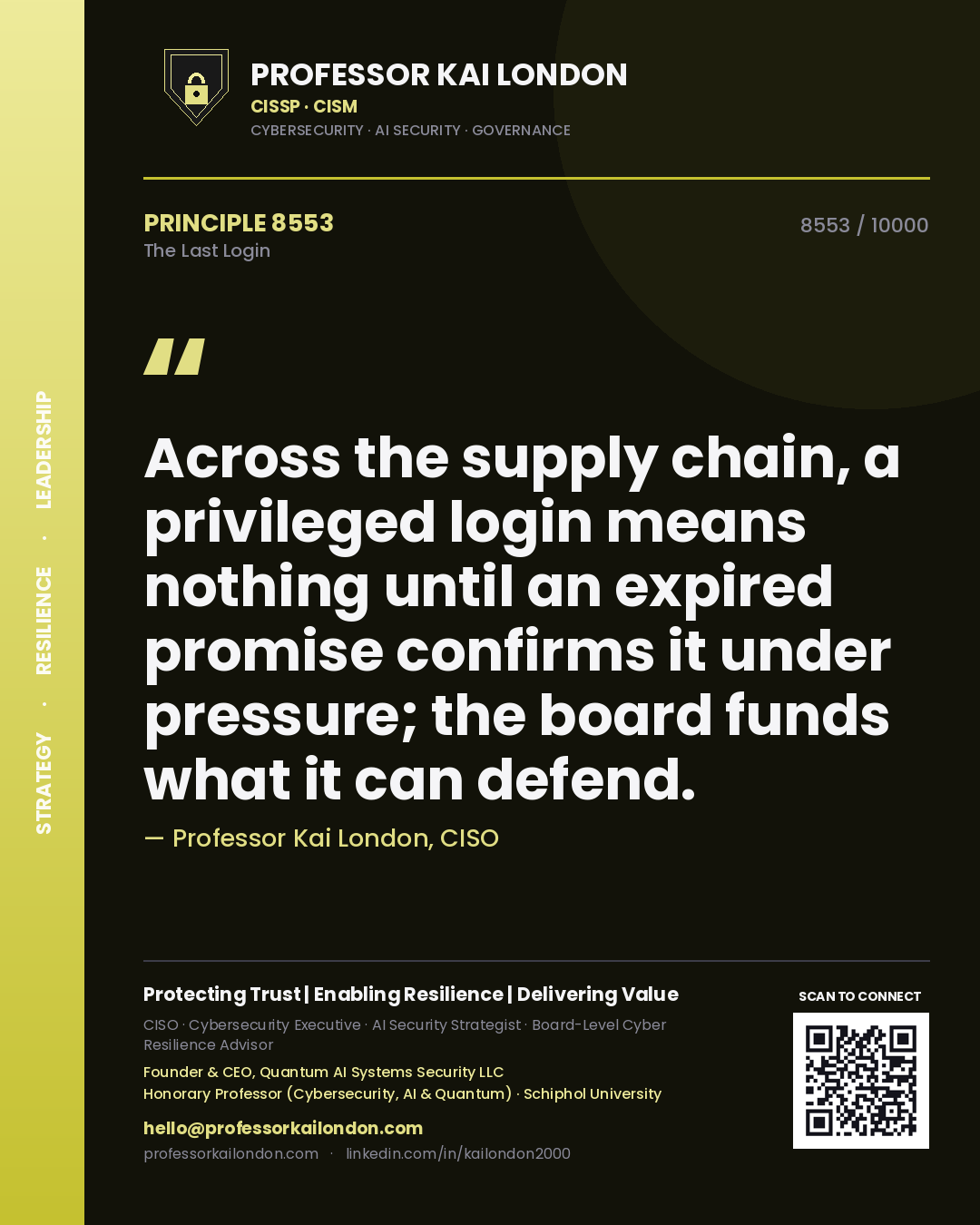 Quote card by Professor Kai London reading 'Across the supply chain, a privileged login means nothing until an expired promise confirms it under pressure; the board funds what it can defend.'. From the book The Last Login.