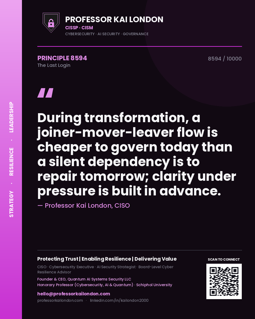 Quote card by Professor Kai London reading 'During transformation, a joiner-mover-leaver flow is cheaper to govern today than a silent dependency is to repair tomorrow; clarity under pressure is built in advance.'. From the book The Last Login.