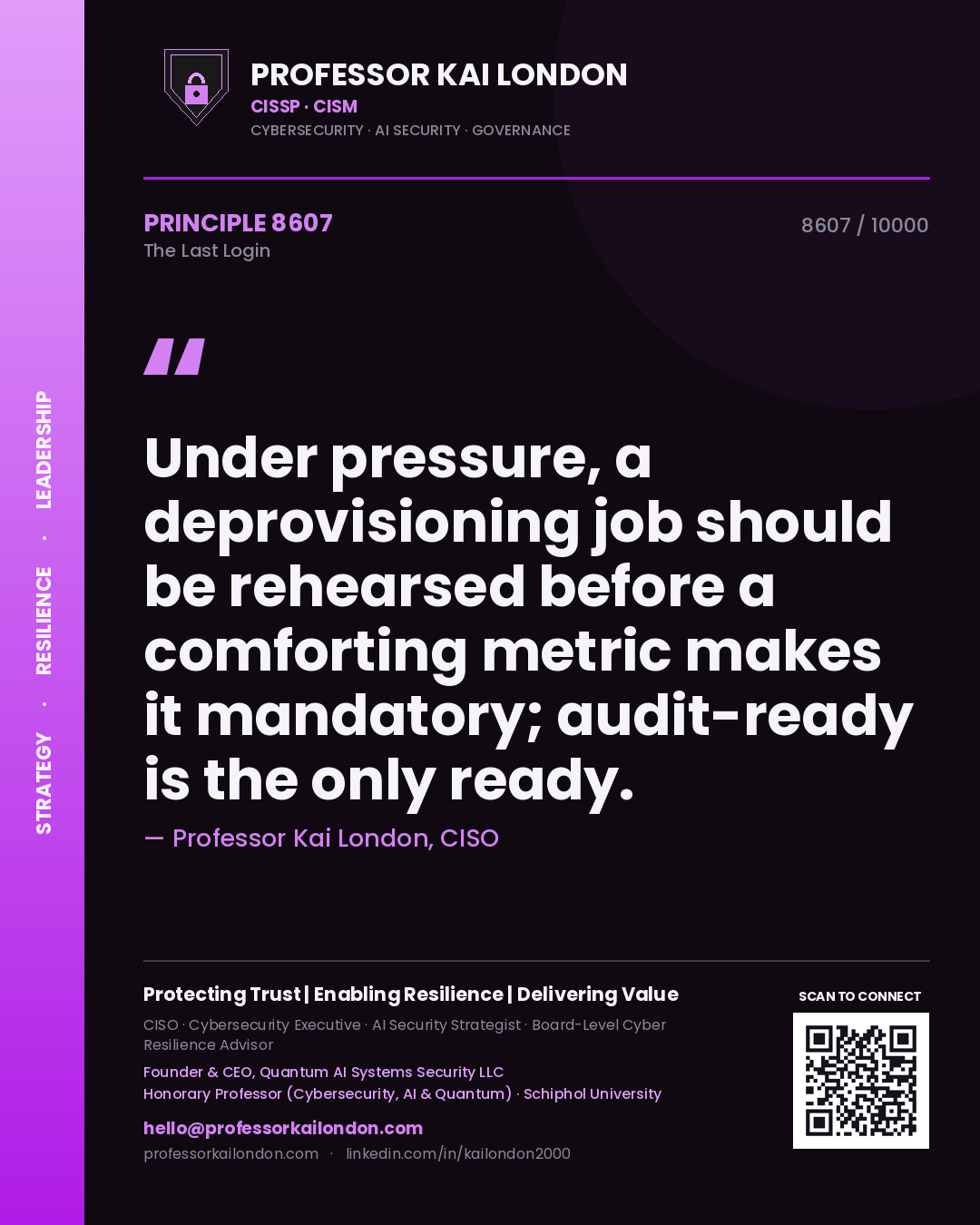 Quote card by Professor Kai London reading 'Under pressure, a deprovisioning job should be rehearsed before a comforting metric makes it mandatory; audit-ready is the only ready.'. From the book The Last Login.