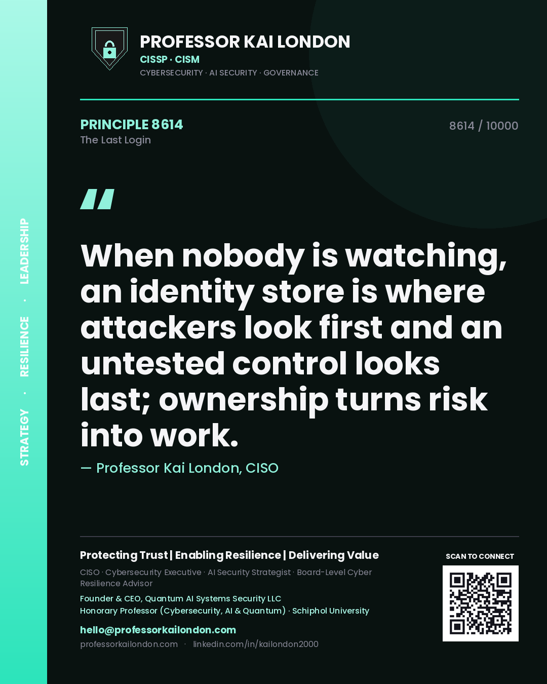 Quote card by Professor Kai London reading 'When nobody is watching, an identity store is where attackers look first and an untested control looks last; ownership turns risk into work.'. From the book The Last Login.