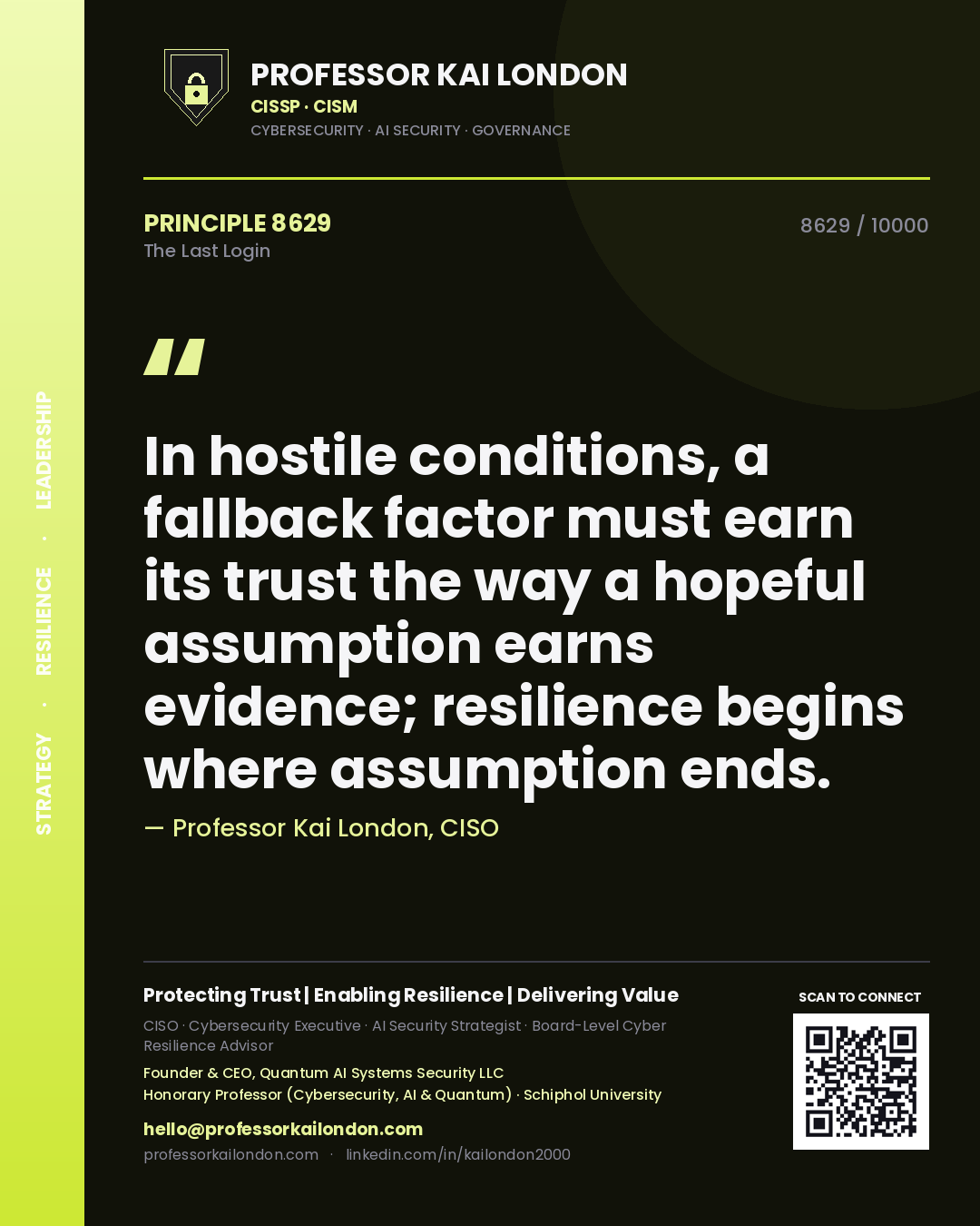 Quote card by Professor Kai London reading 'In hostile conditions, a fallback factor must earn its trust the way a hopeful assumption earns evidence; resilience begins where assumption ends.'. From the book The Last Login.