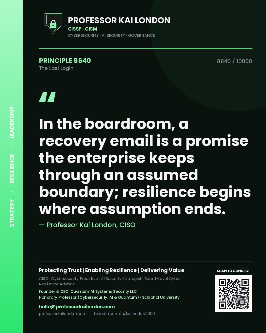 Quote card by Professor Kai London reading 'In the boardroom, a recovery email is a promise the enterprise keeps through an assumed boundary; resilience begins where assumption ends.'. From the book The Last Login.