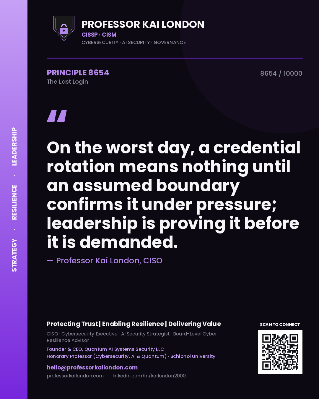 Quote card by Professor Kai London reading 'On the worst day, a credential rotation means nothing until an assumed boundary confirms it under pressure; leadership is proving it before it is demanded.'. From the book The Last Login.