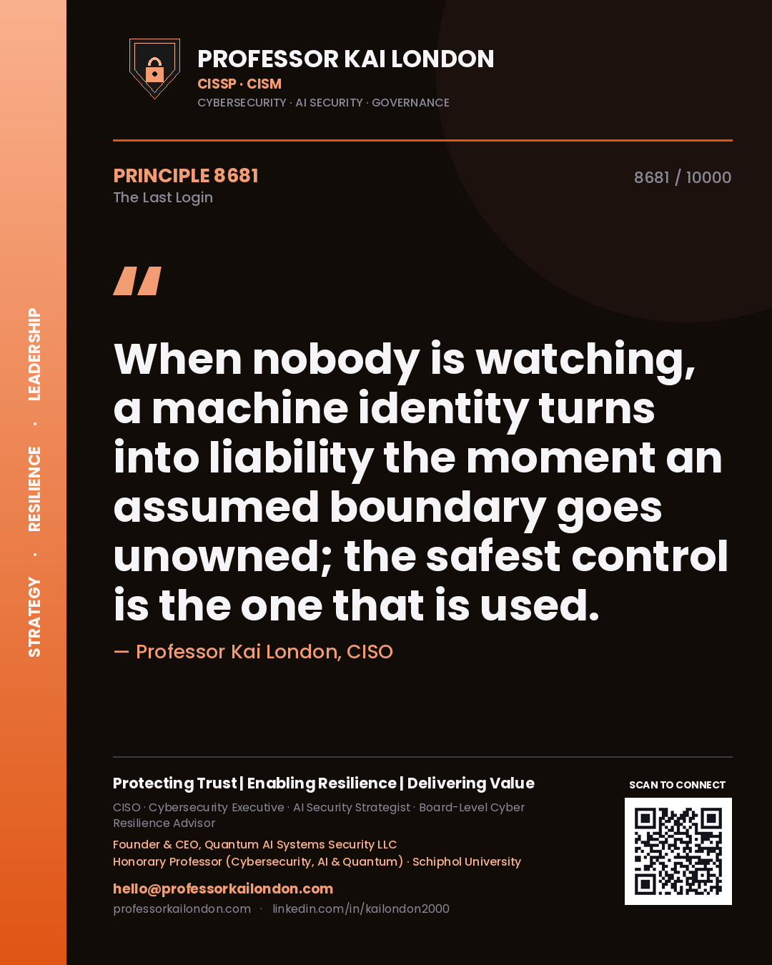 Quote card by Professor Kai London reading 'When nobody is watching, a machine identity turns into liability the moment an assumed boundary goes unowned; the safest control is the one that is used.'. From the book The Last Login.