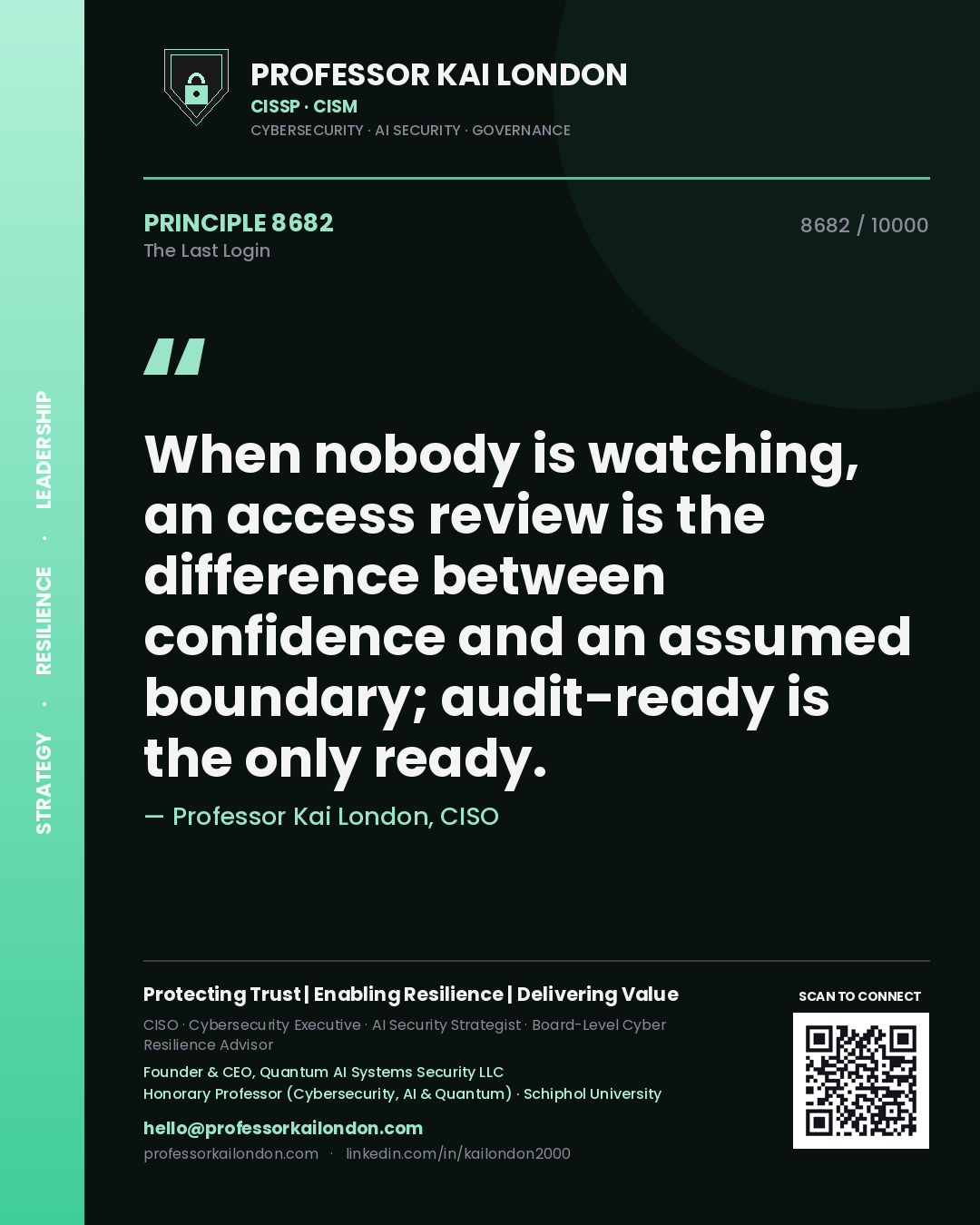 Quote card by Professor Kai London reading 'When nobody is watching, an access review is the difference between confidence and an assumed boundary; audit-ready is the only ready.'. From the book The Last Login.