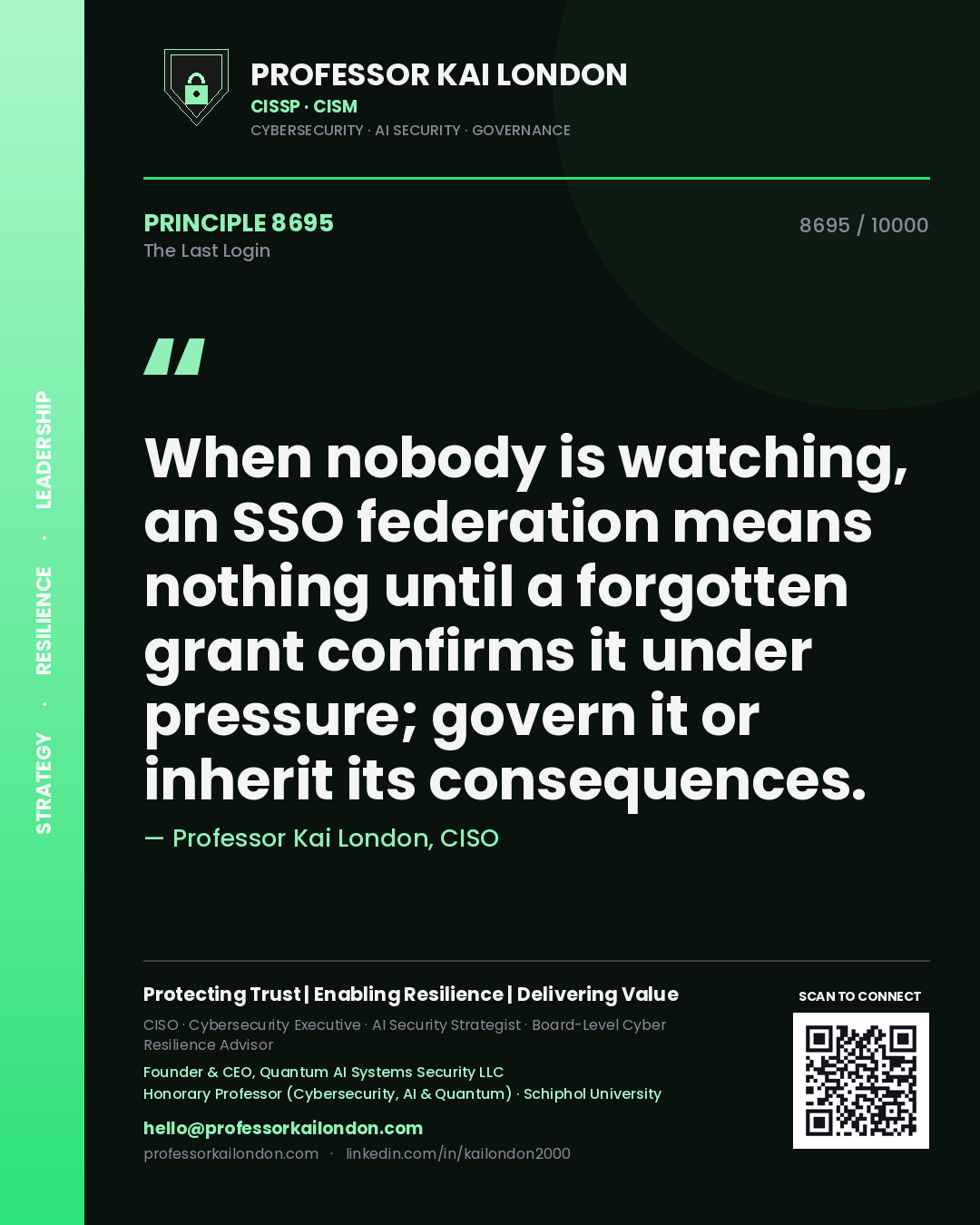 Quote card by Professor Kai London reading 'When nobody is watching, an SSO federation means nothing until a forgotten grant confirms it under pressure; govern it or inherit its consequences.'. From the book The Last Login.