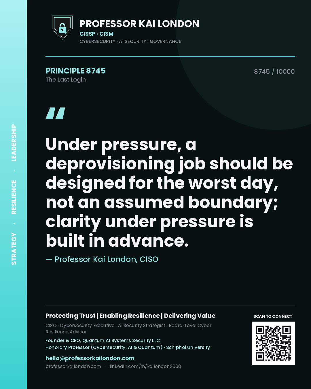 Professor Kai London principle 8745: Under pressure, a deprovisioning job should be designed for the worst day, not an assumed boundary; clarity under pressure is built in advance.