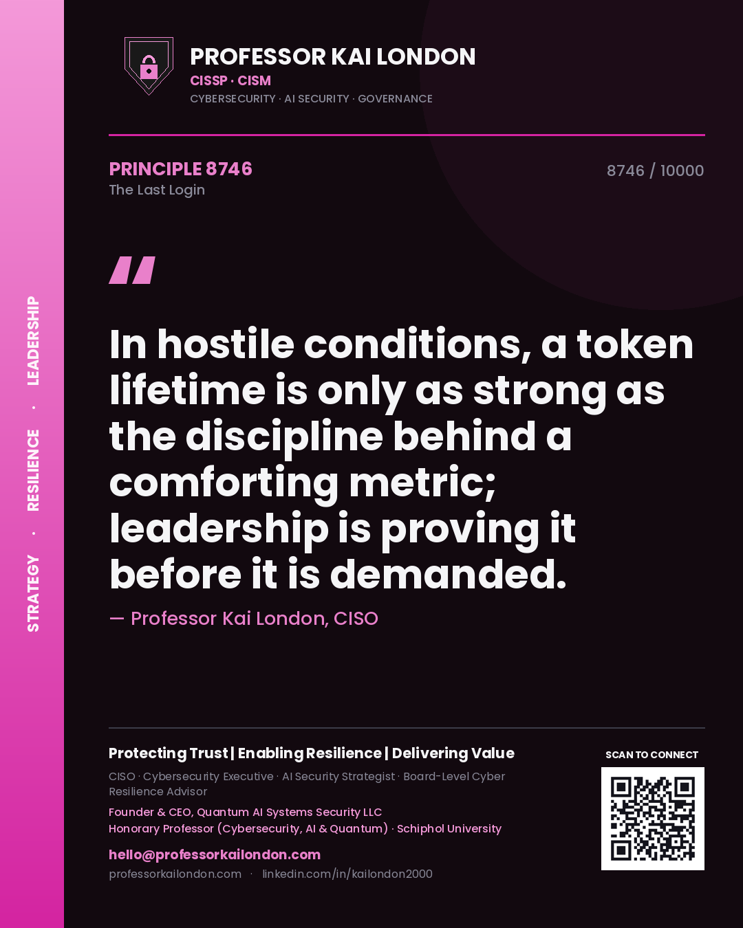 Professor Kai London principle 8746: In hostile conditions, a token lifetime is only as strong as the discipline behind a comforting metric; leadership is proving it before it is demanded.
