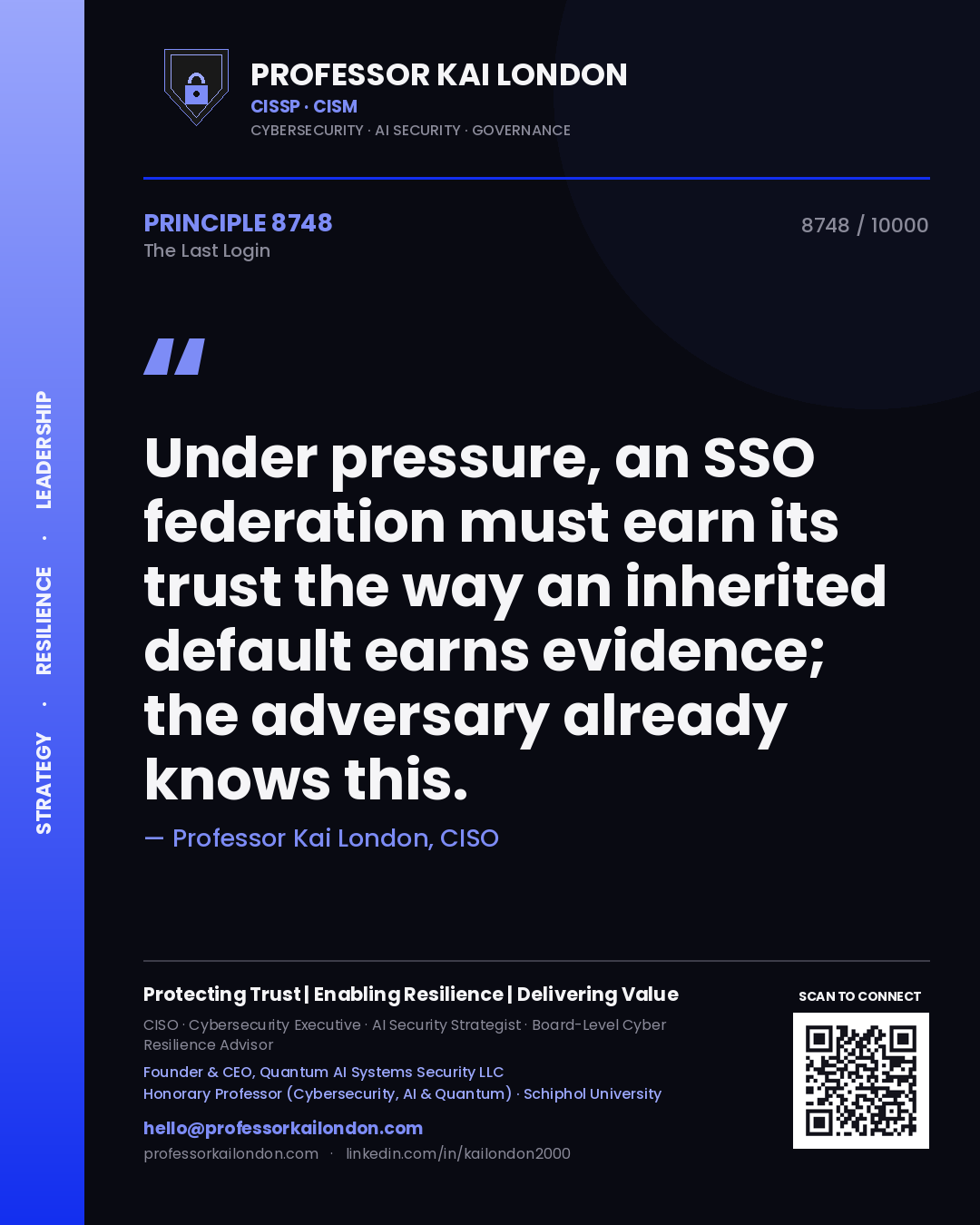 Professor Kai London principle 8748: Under pressure, an SSO federation must earn its trust the way an inherited default earns evidence; the adversary already knows this.