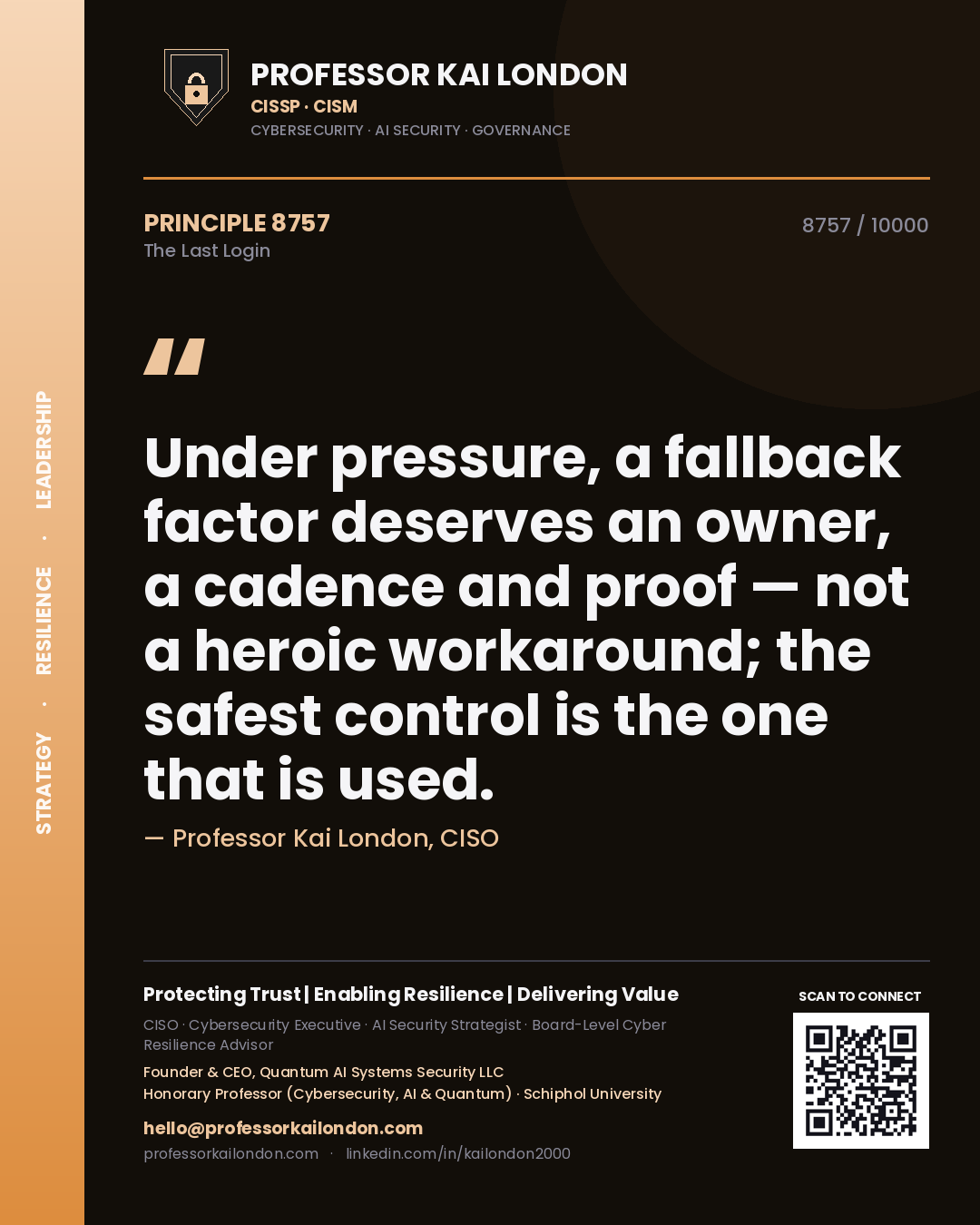 Quote card by Professor Kai London reading 'Under pressure, a fallback factor deserves an owner, a cadence and proof — not a heroic workaround; the safest control is the one that is used.'. From the book The Last Login.